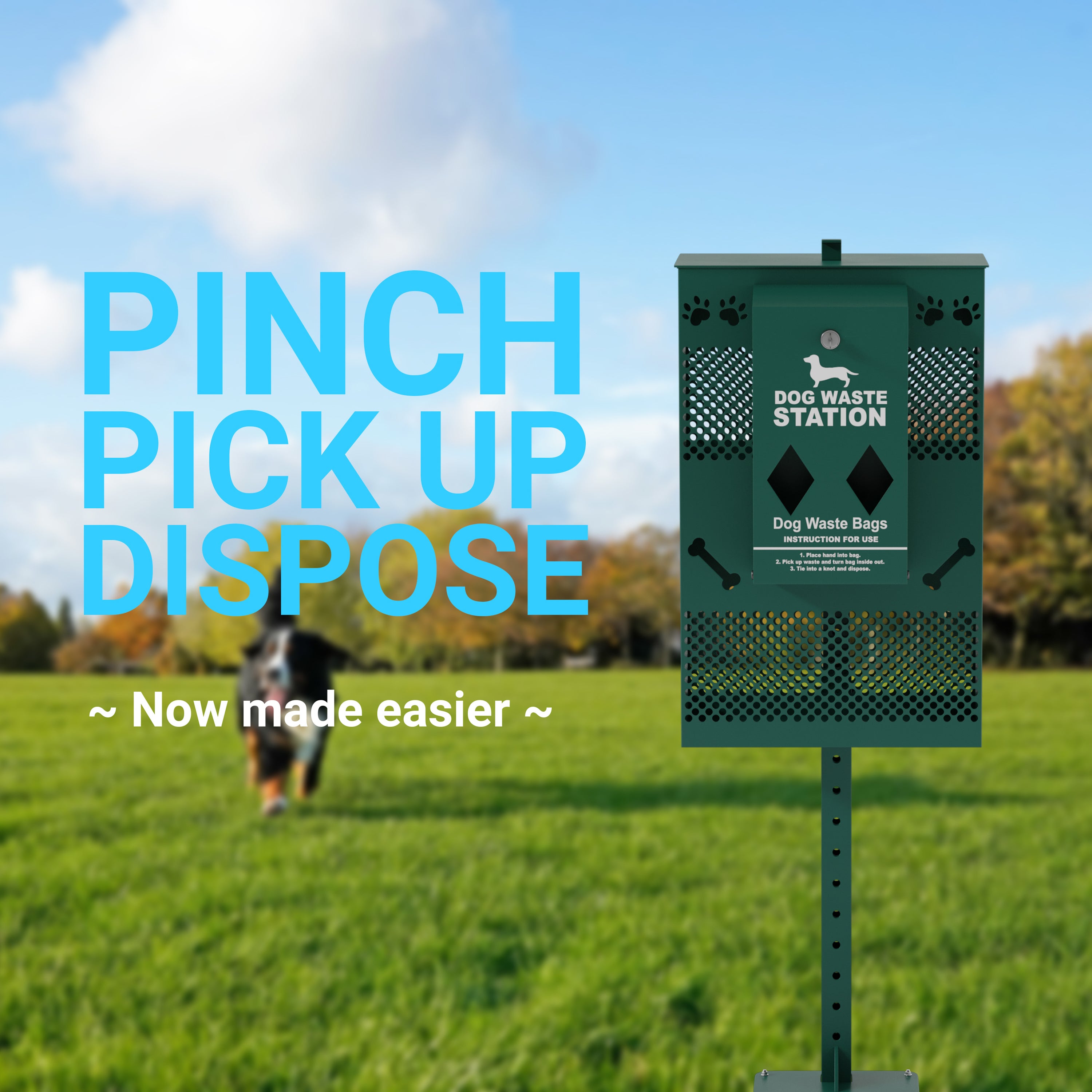Kessler Compact Dog Waste Station with Rectangular Lidded Trash Can and Locking Roll Waste Bag Dispenser in Green