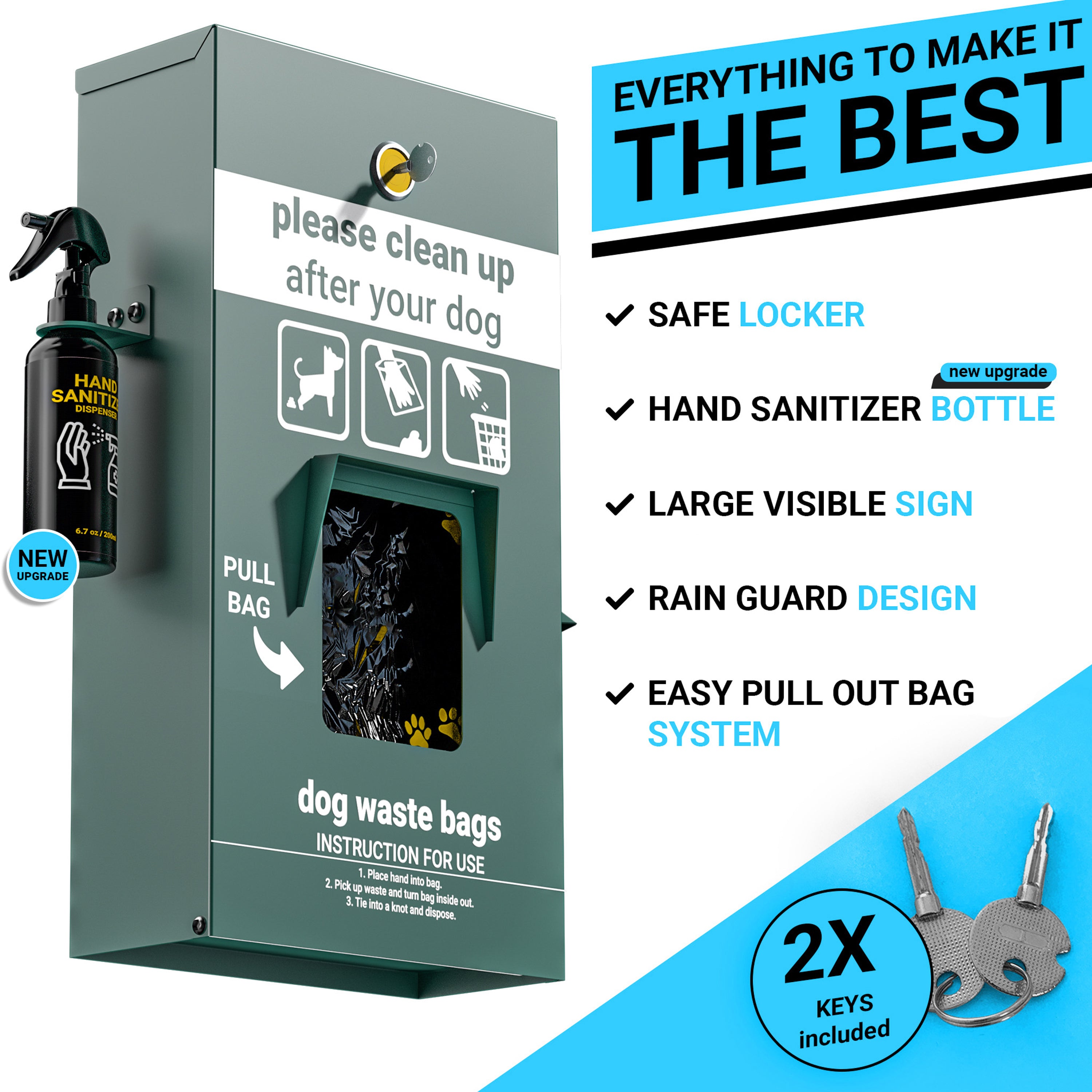 Kessler Locking Dog Waste Bag Dispenser with Glow in the Dark Sign, Hand Sanitizer Bottle and Rain Guard - 400 Pull Out Header Bags Included