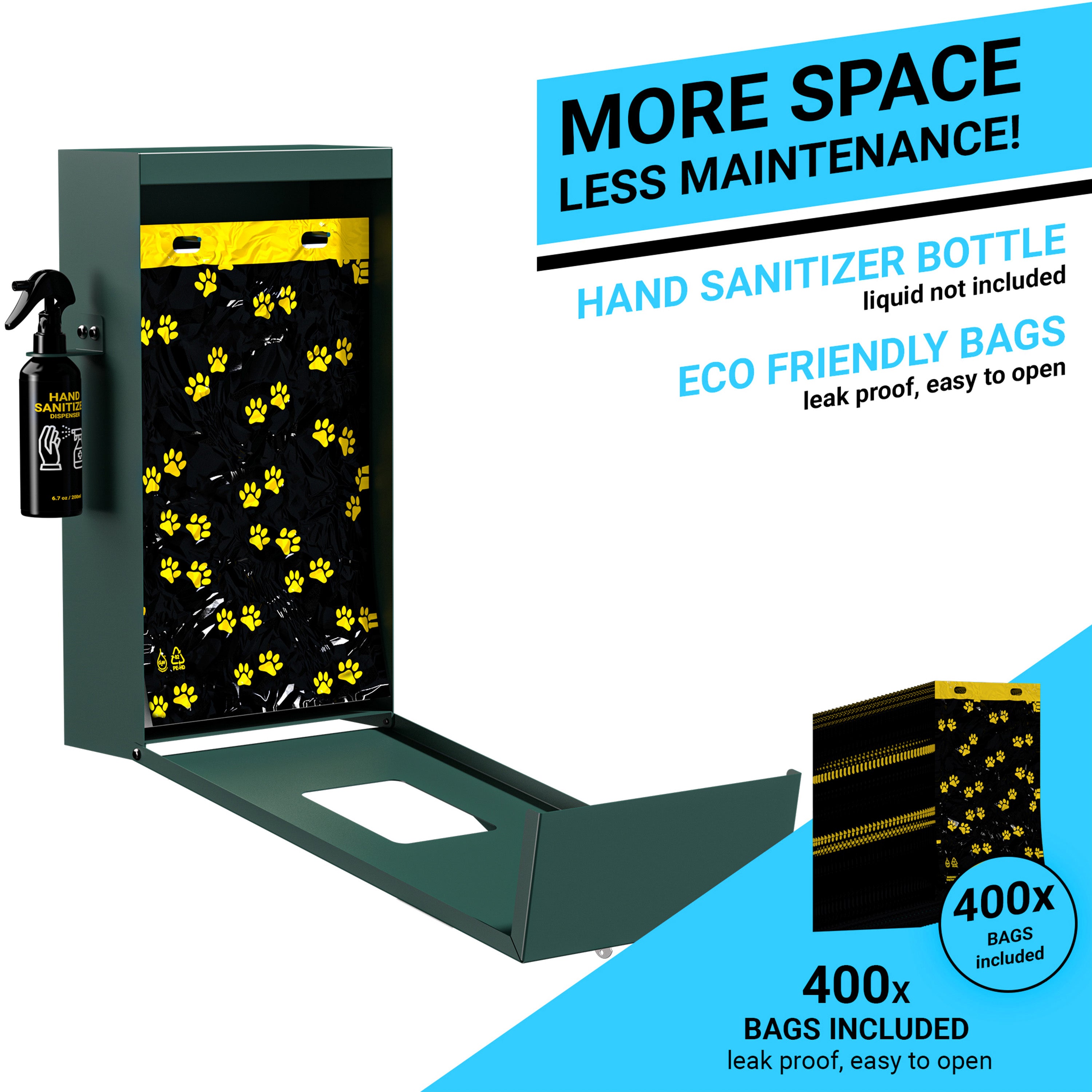 Kessler Locking Dog Waste Bag Dispenser with Glow in the Dark Sign, Hand Sanitizer Bottle and Rain Guard - 400 Pull Out Header Bags Included