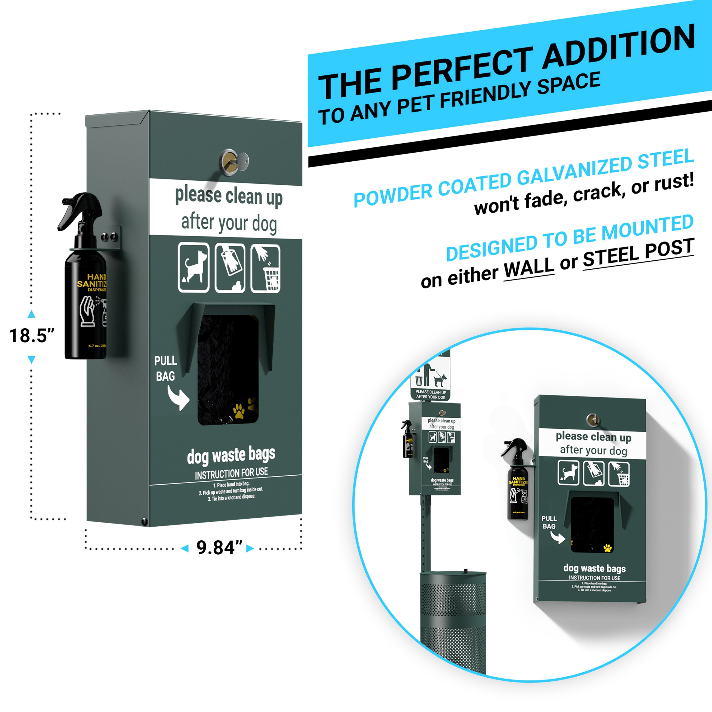 Kessler Locking Dog Waste Bag Dispenser with Glow in the Dark Sign, Hand Sanitizer Bottle and Rain Guard - 400 Pull Out Header Bags Included