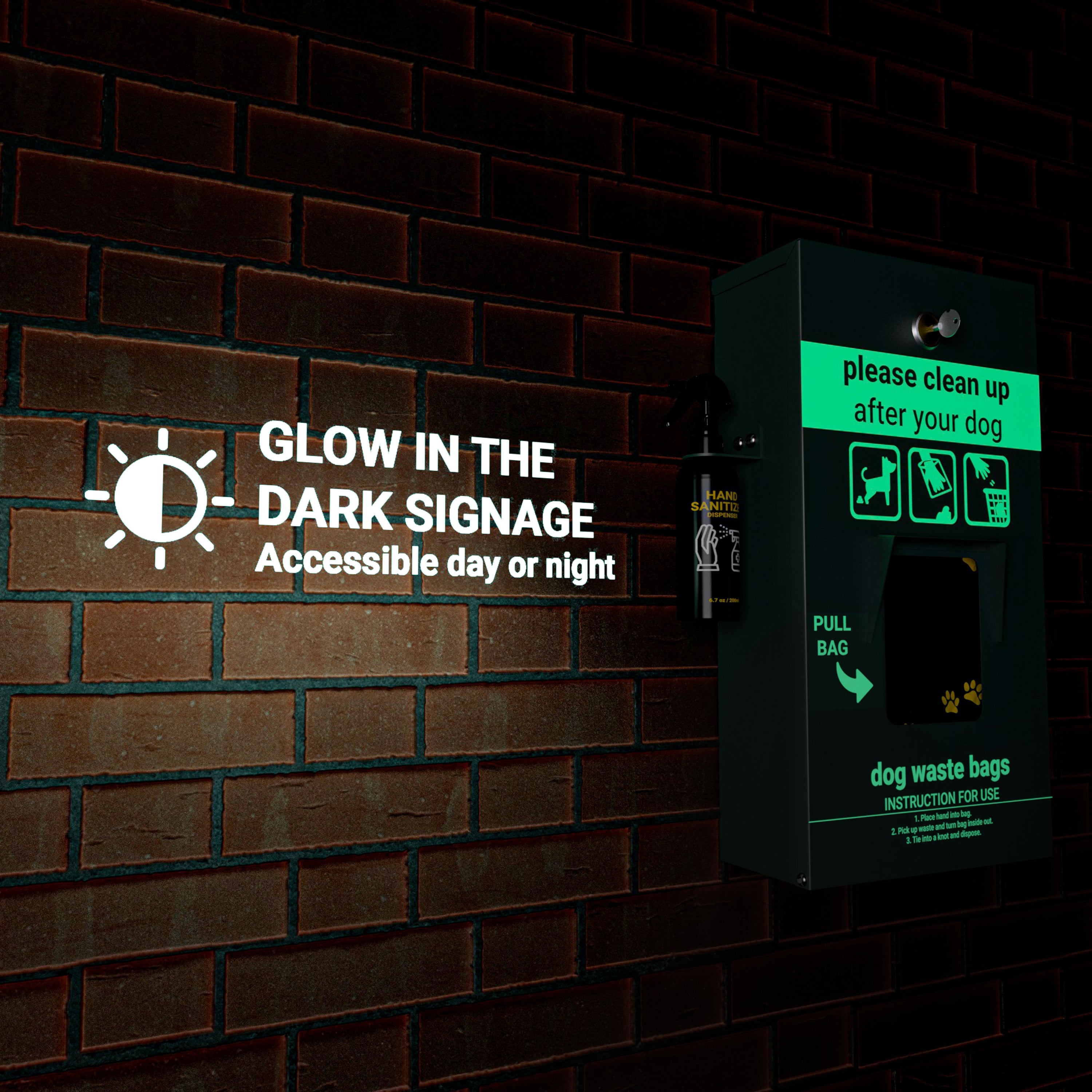 Kessler Locking Dog Waste Bag Dispenser with Glow in the Dark Sign, Hand Sanitizer Bottle and Rain Guard - 400 Pull Out Header Bags Included
