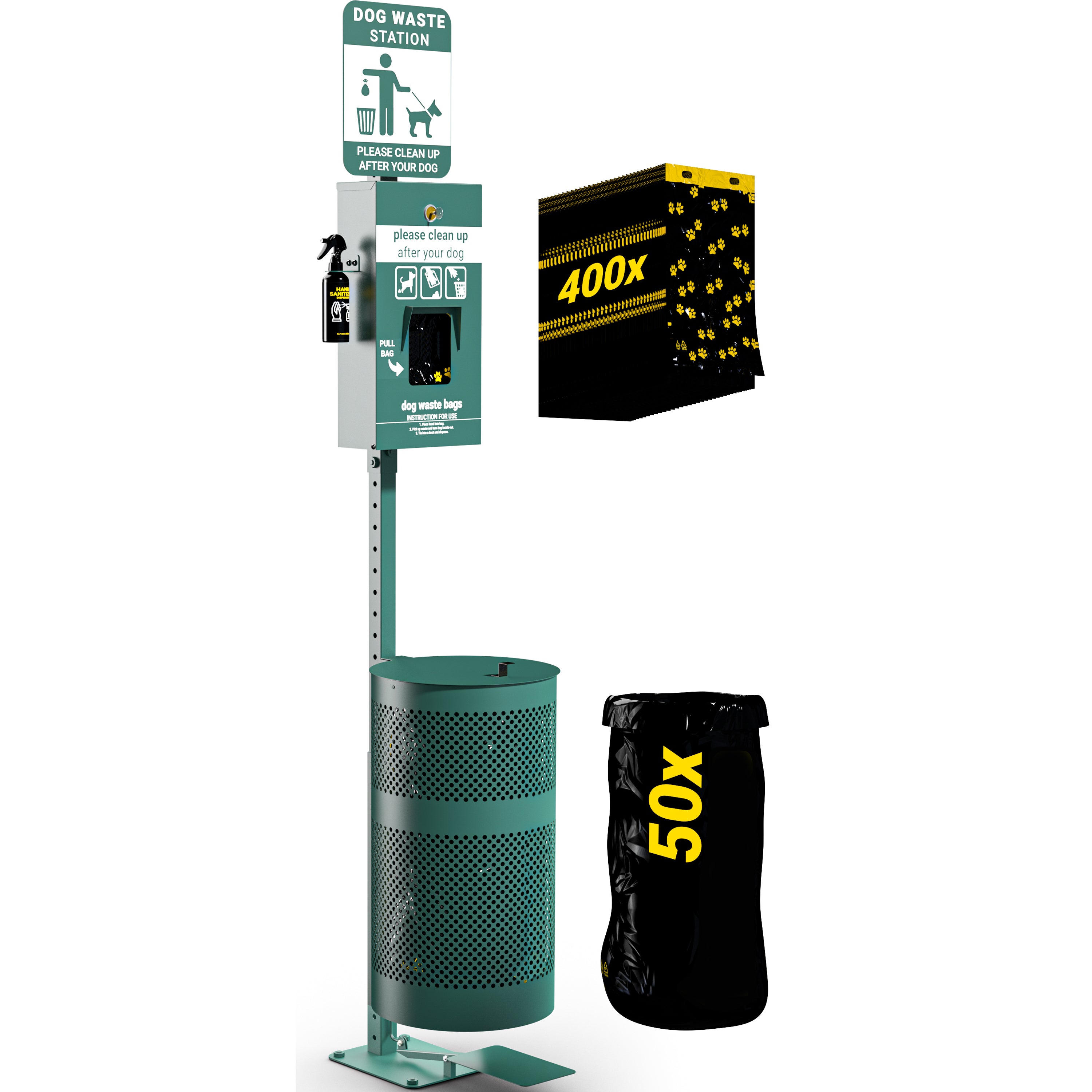 Kessler Pet Waste Station with Pedal Trash Can, Glow in the Dark Sign, Pull-Out Bag Dispenser, Hand Sanitizer Bottle, 400 Waste Bags and 50 Can Liners