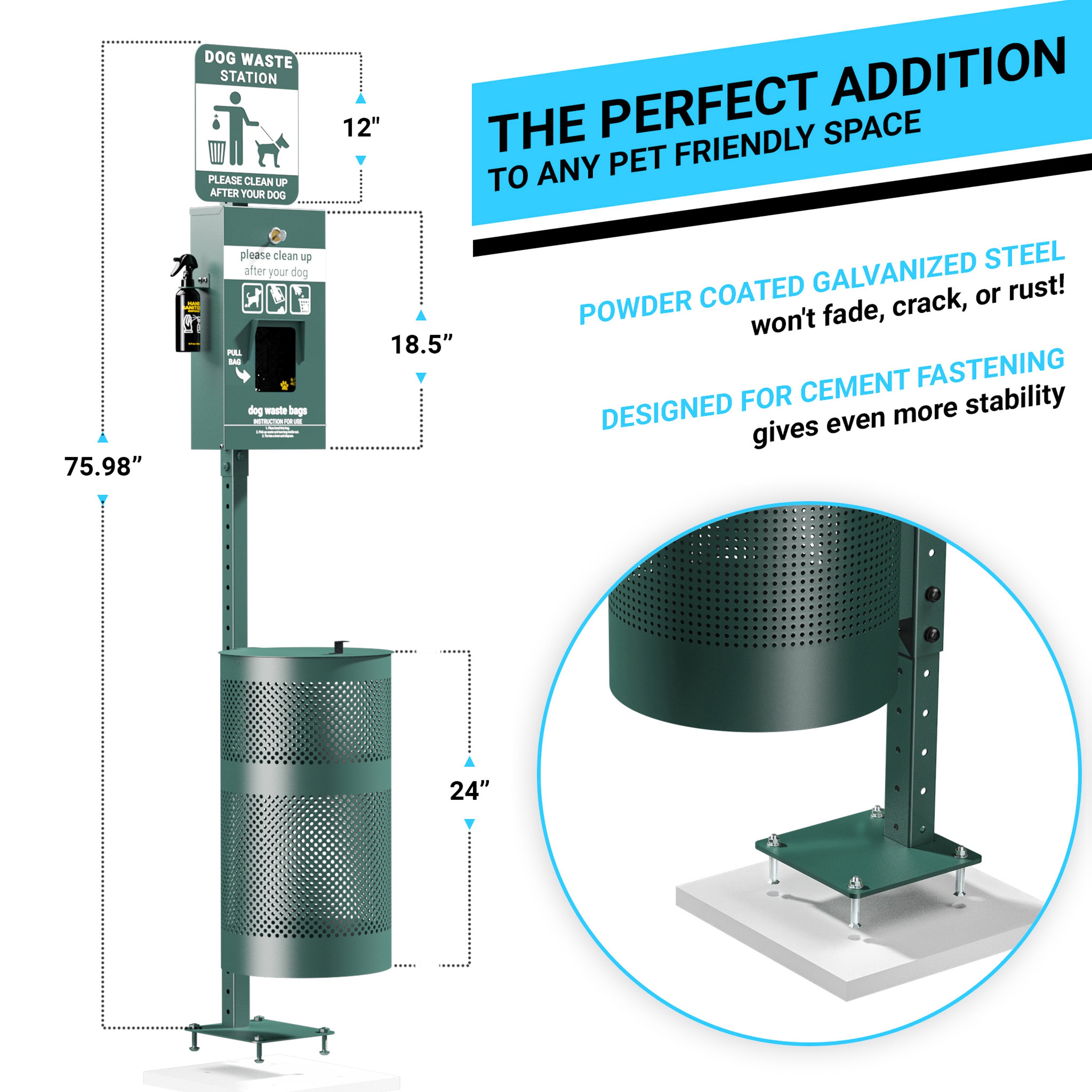 Kessler Pet Waste Station with Glow in the Dark Sign, Bag Dispenser, Sanitizer Bottle, Trash Can with Lid - Includes 400 Pull Out Bags & 50 Can Liners