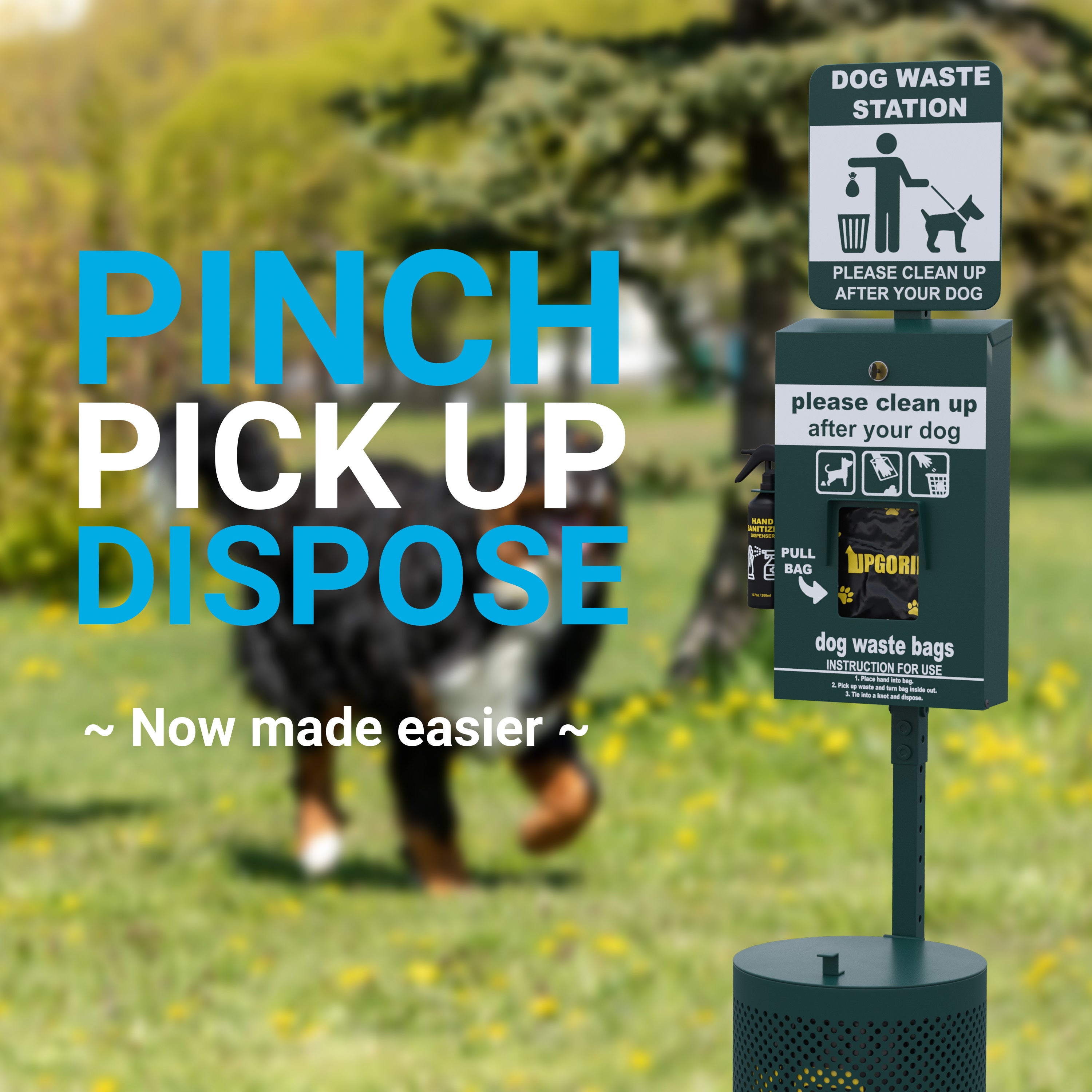 Kessler Pet Waste Station with Glow in the Dark Sign, Bag Dispenser, Sanitizer Bottle, Trash Can with Lid - Includes 400 Pull Out Bags & 50 Can Liners