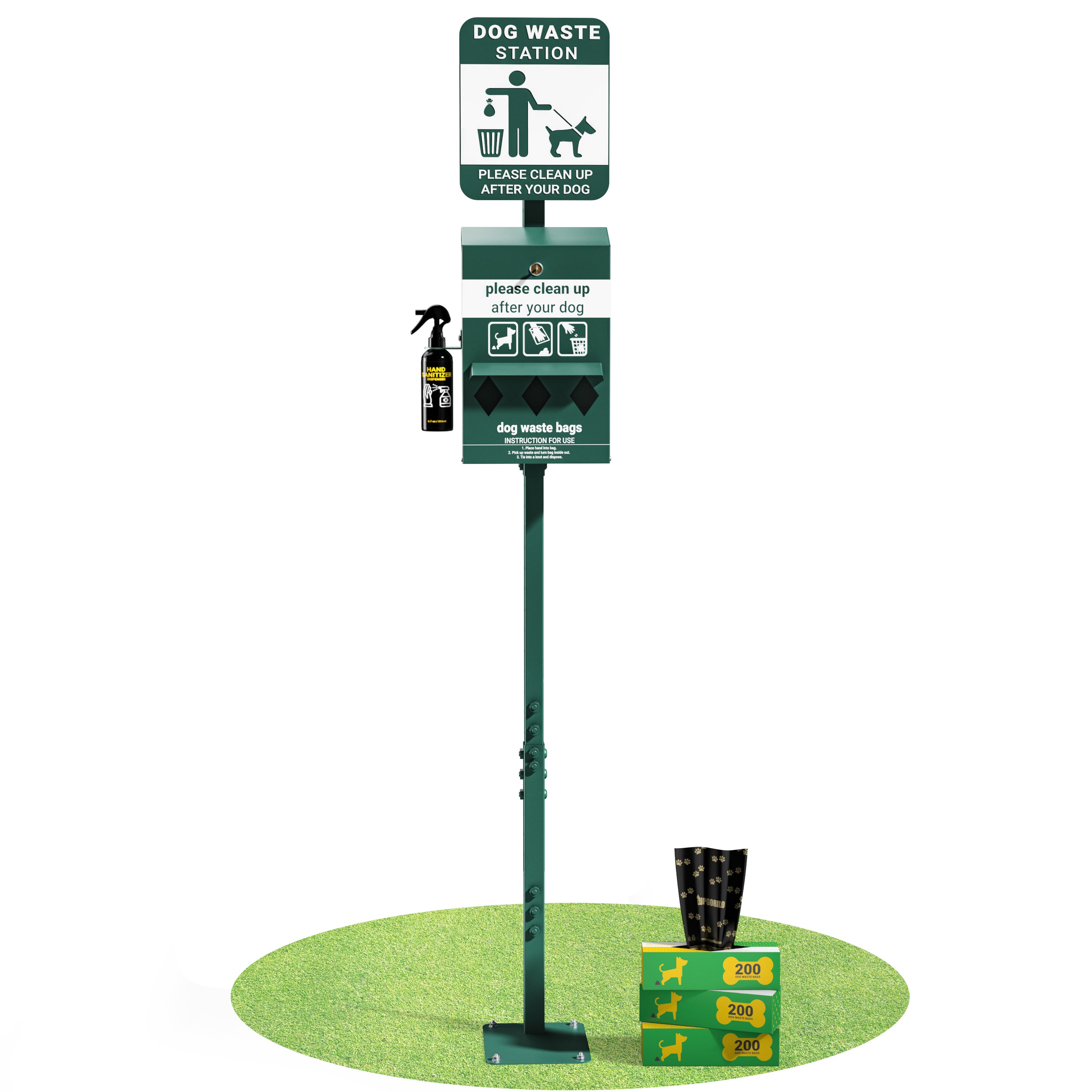 Kessler Mini Pet Waste Station with Glow in the Dark Sign, Roll Waste Bag Dispenser, and Hand Sanitizer Bottle - 600 Bags Included