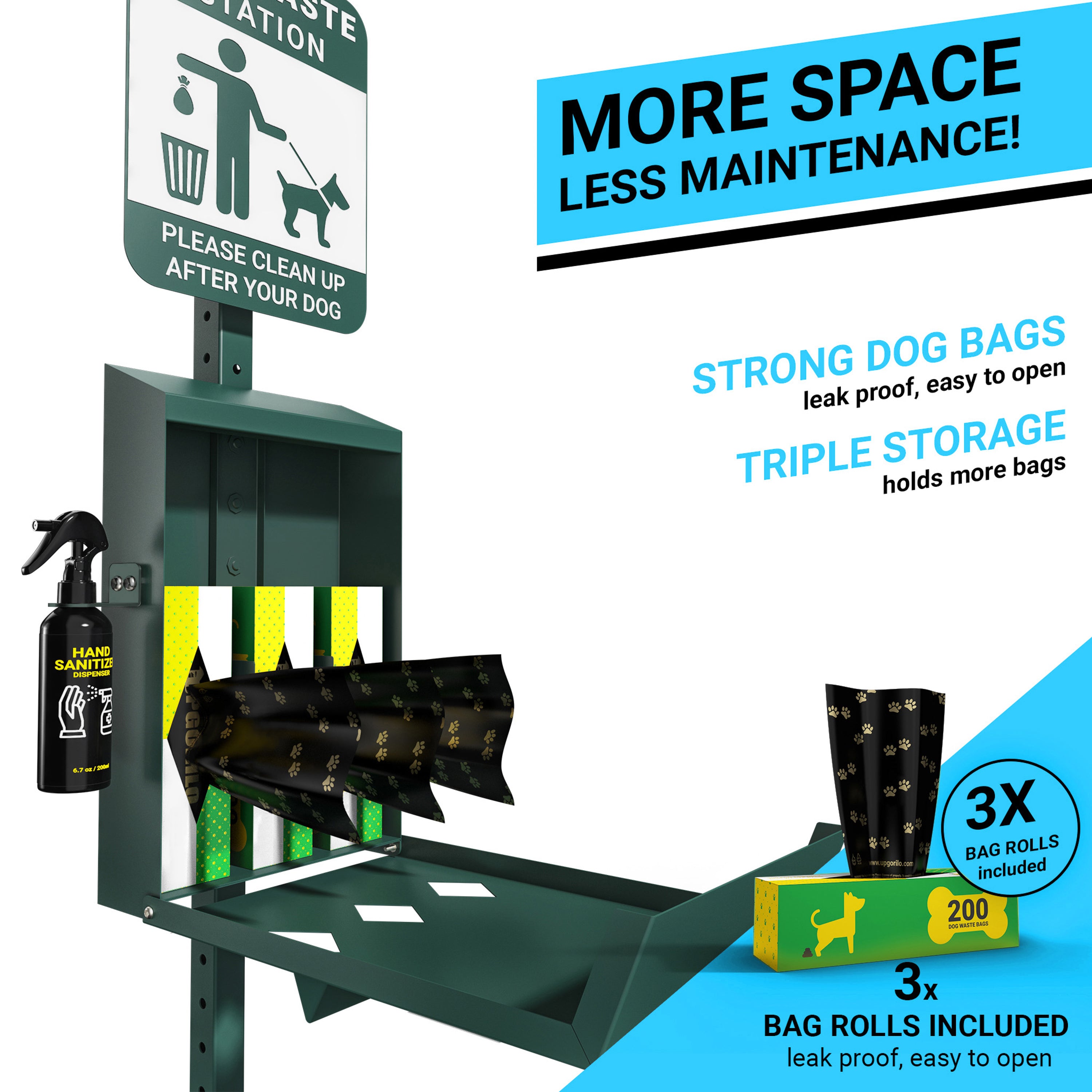 Kessler Mini Pet Waste Station with Glow in the Dark Sign, Roll Waste Bag Dispenser, and Hand Sanitizer Bottle - 600 Bags Included