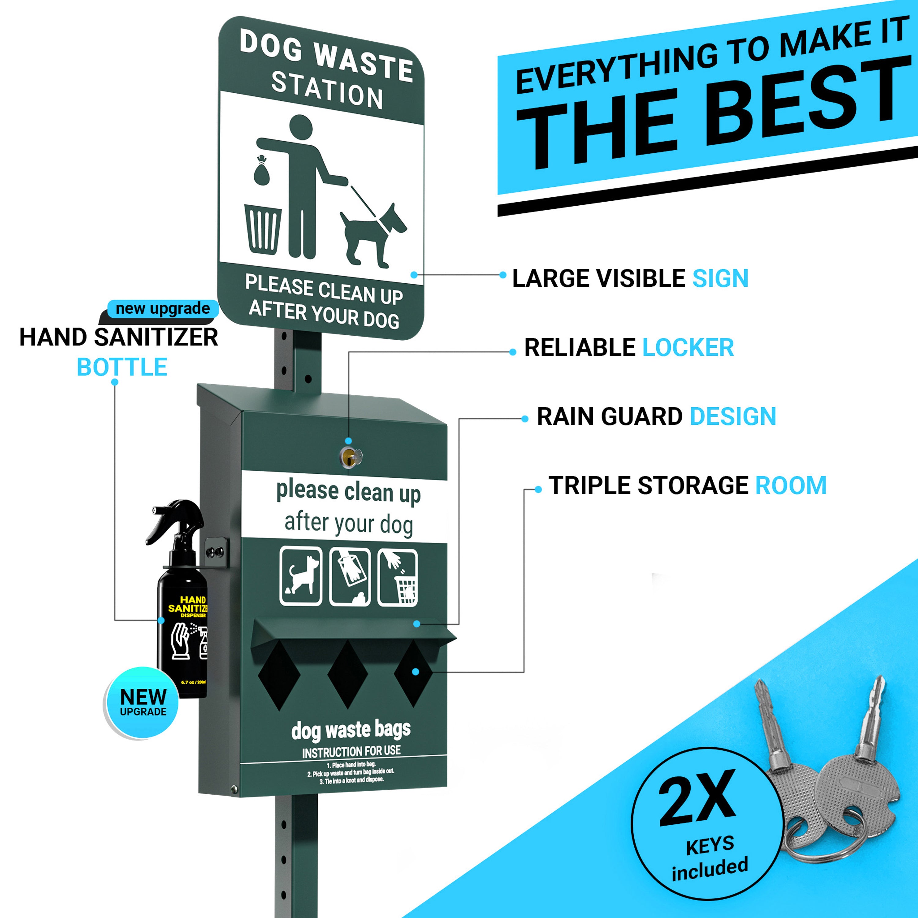 Kessler Mini Pet Waste Station with Glow in the Dark Sign, Roll Waste Bag Dispenser, and Hand Sanitizer Bottle - 600 Bags Included
