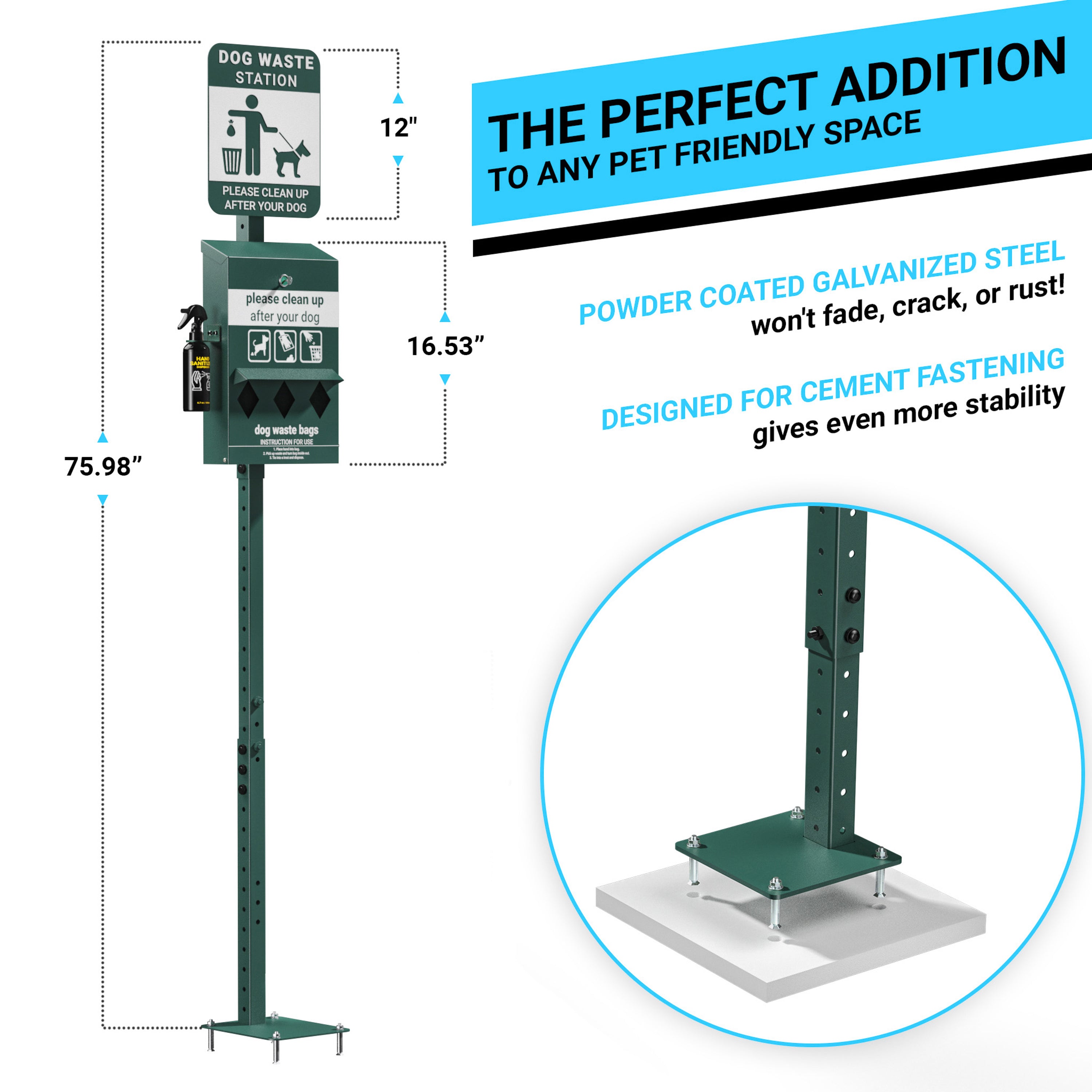 Kessler Mini Pet Waste Station with Glow in the Dark Sign, Roll Waste Bag Dispenser, and Hand Sanitizer Bottle - 600 Bags Included