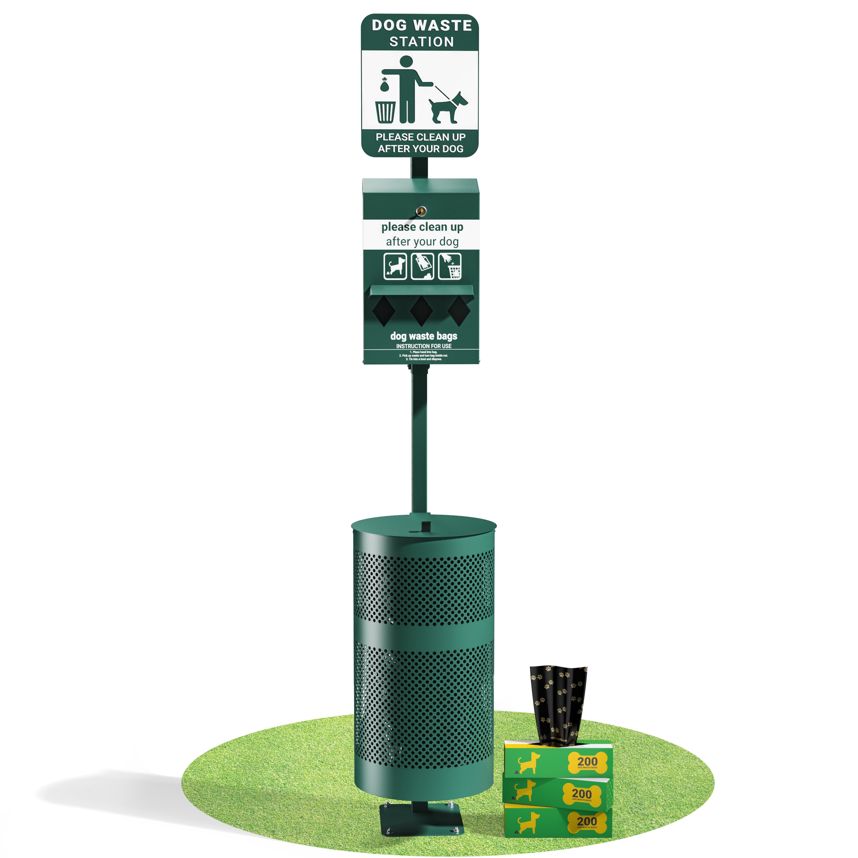 Kessler Pet Waste Station with Glow in the Dark Sign, Bag Dispenser, Sanitizer Bottle, Trash Can with Lid - Includes 600 Roll Bags & 50 Can Liners