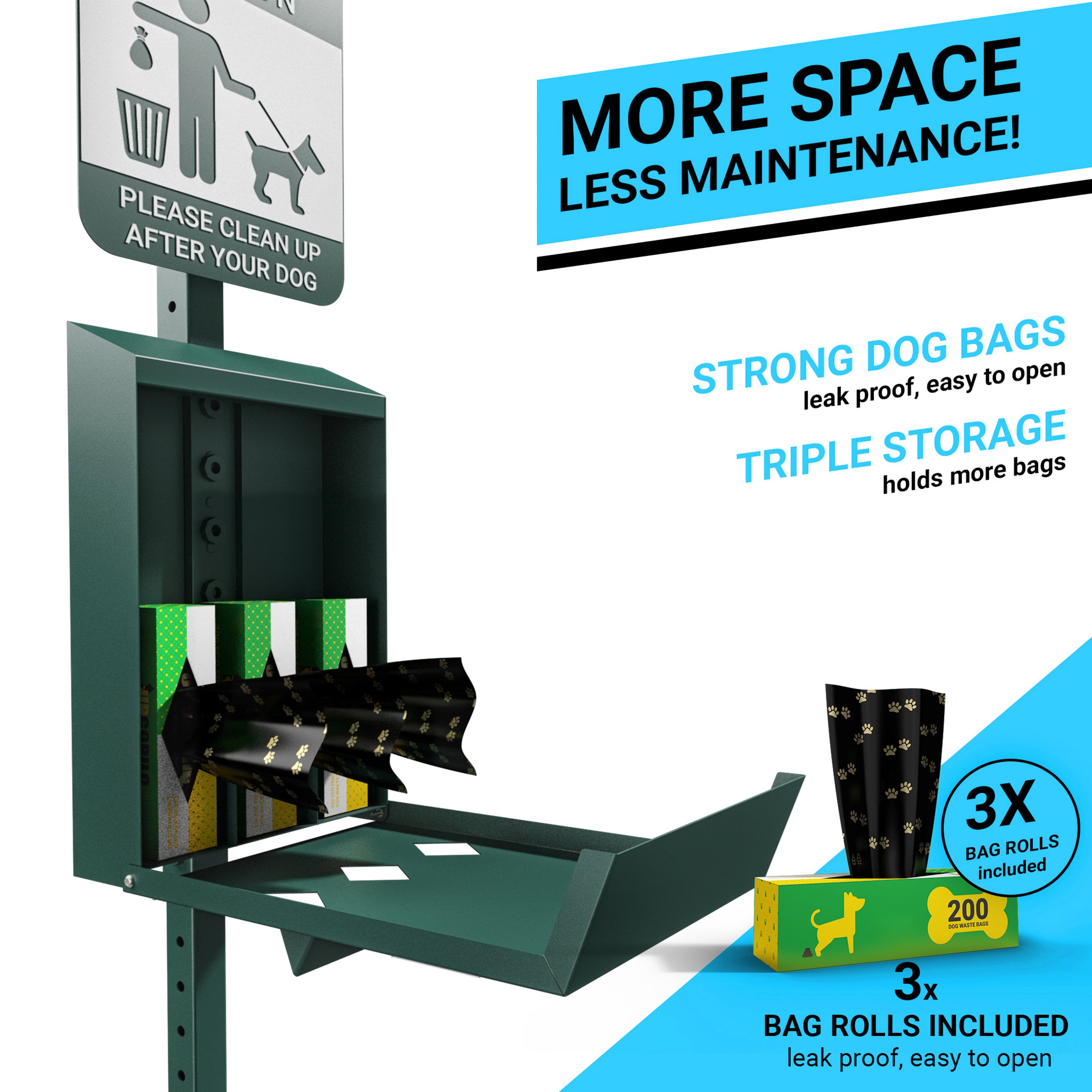 Kessler Pet Waste Station with Glow in the Dark Sign, Bag Dispenser, Sanitizer Bottle, Trash Can with Lid - Includes 600 Roll Bags & 50 Can Liners