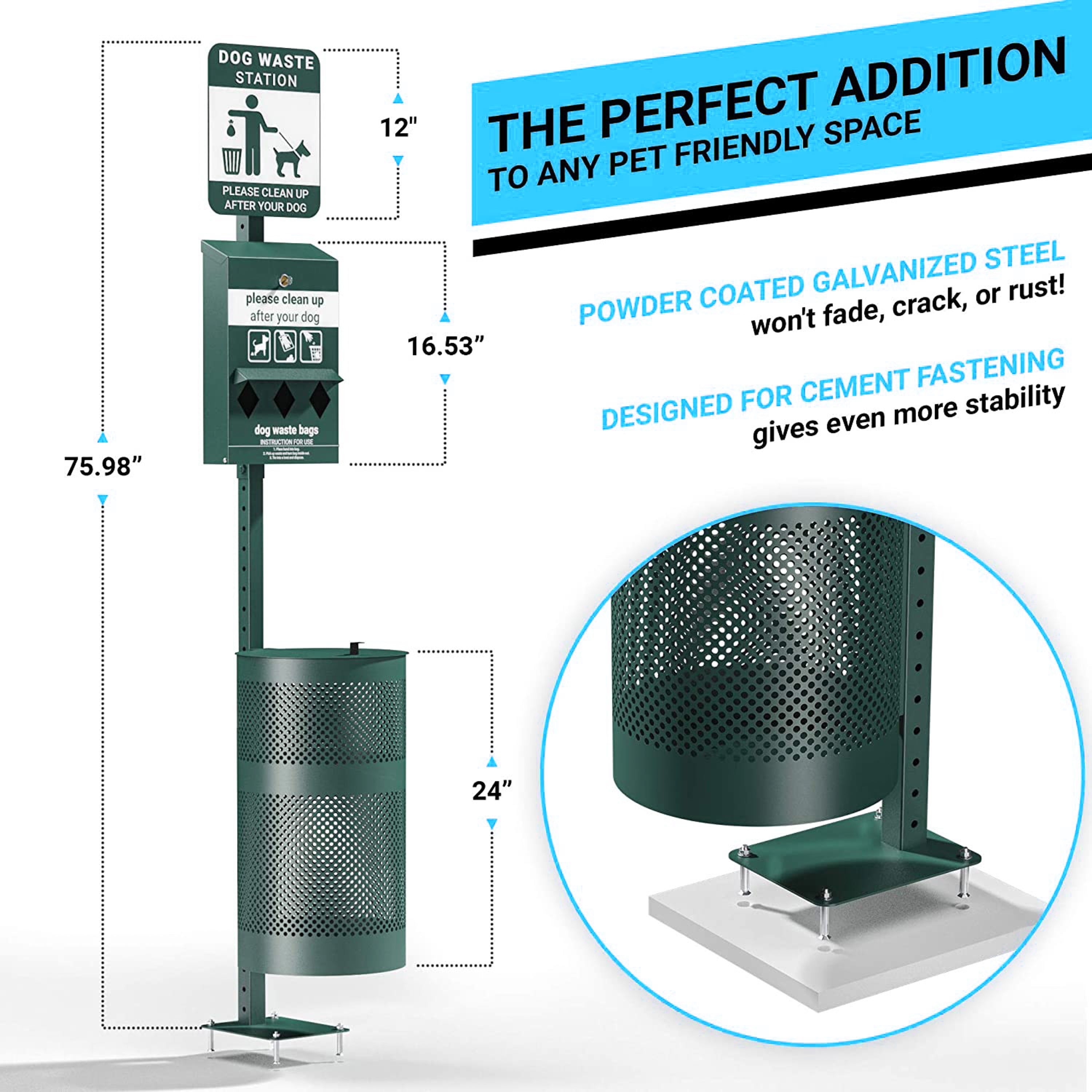 Kessler Pet Waste Station with Glow in the Dark Sign, Bag Dispenser, Sanitizer Bottle, Trash Can with Lid - Includes 600 Roll Bags & 50 Can Liners