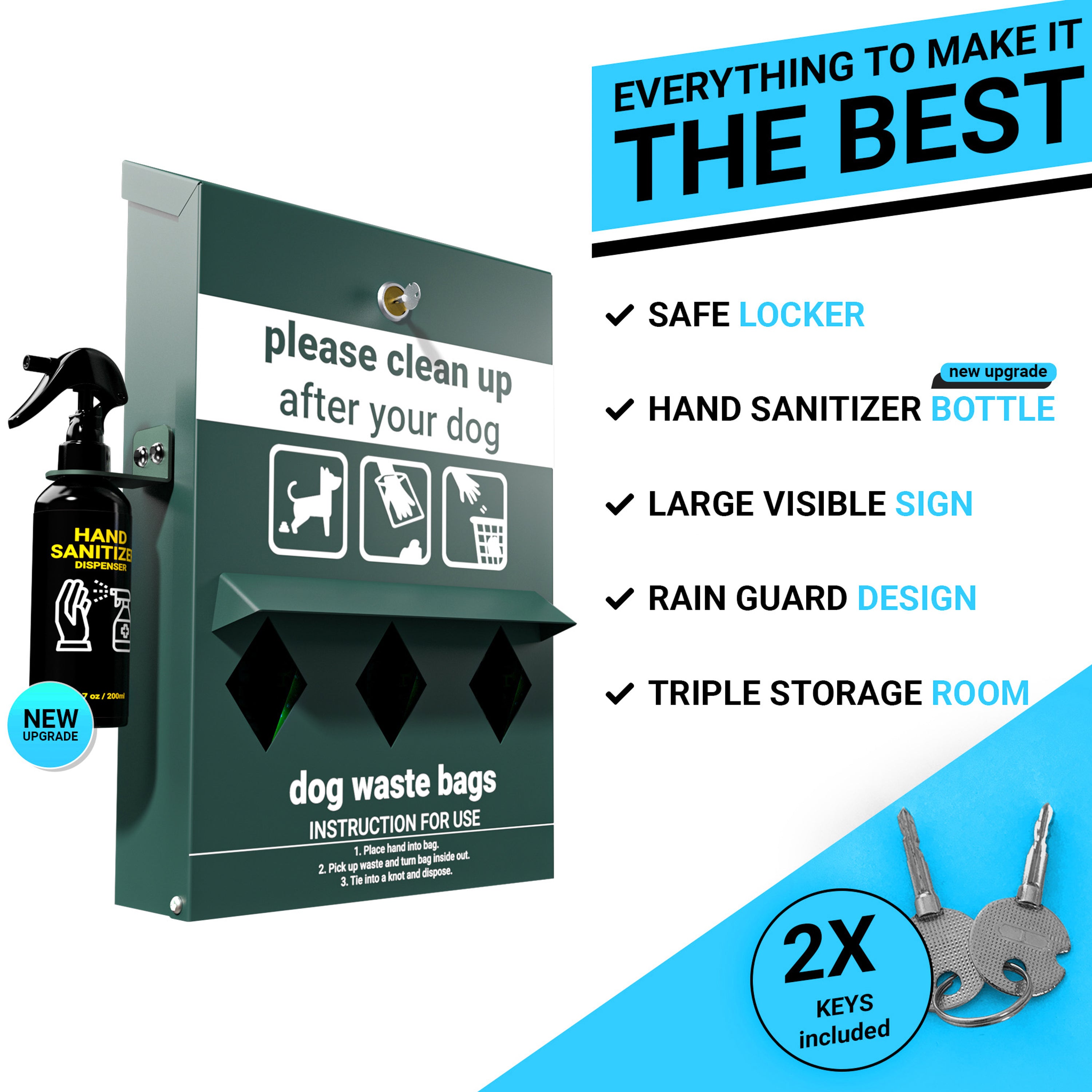 Kessler Locking Dog Waste Bag Dispenser with Glow in the Dark Sign, Hand Sanitizer Bottle and Rain Guard - 600 Roll Bags Included