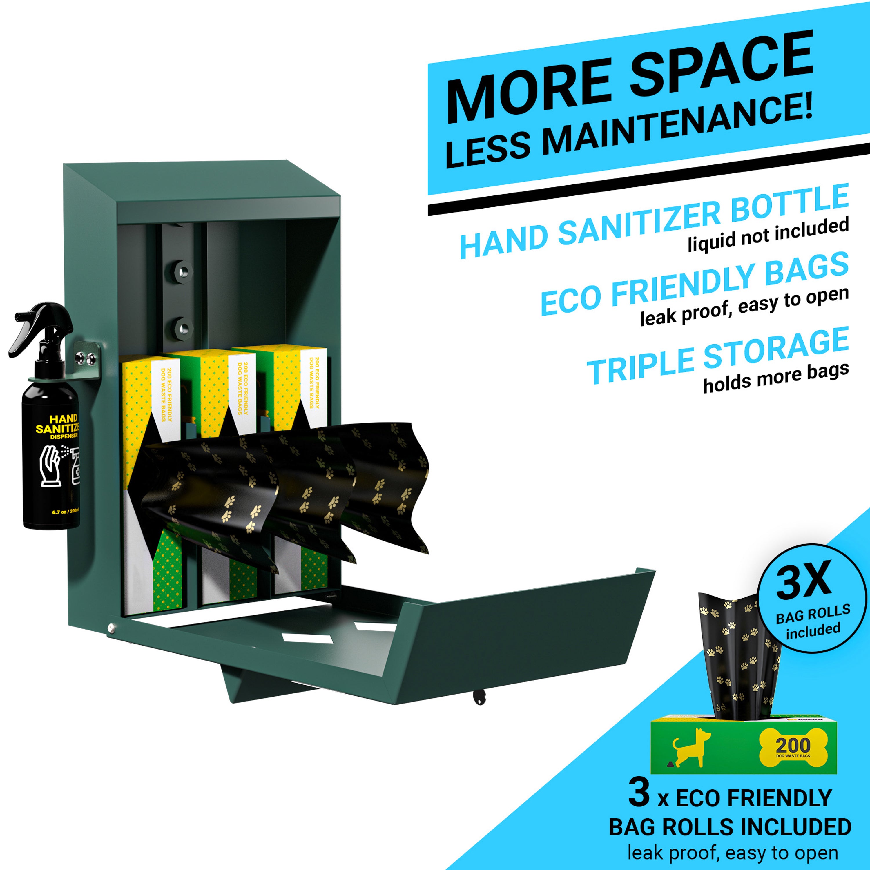 Kessler Locking Dog Waste Bag Dispenser with Glow in the Dark Sign, Hand Sanitizer Bottle and Rain Guard - 600 Roll Bags Included