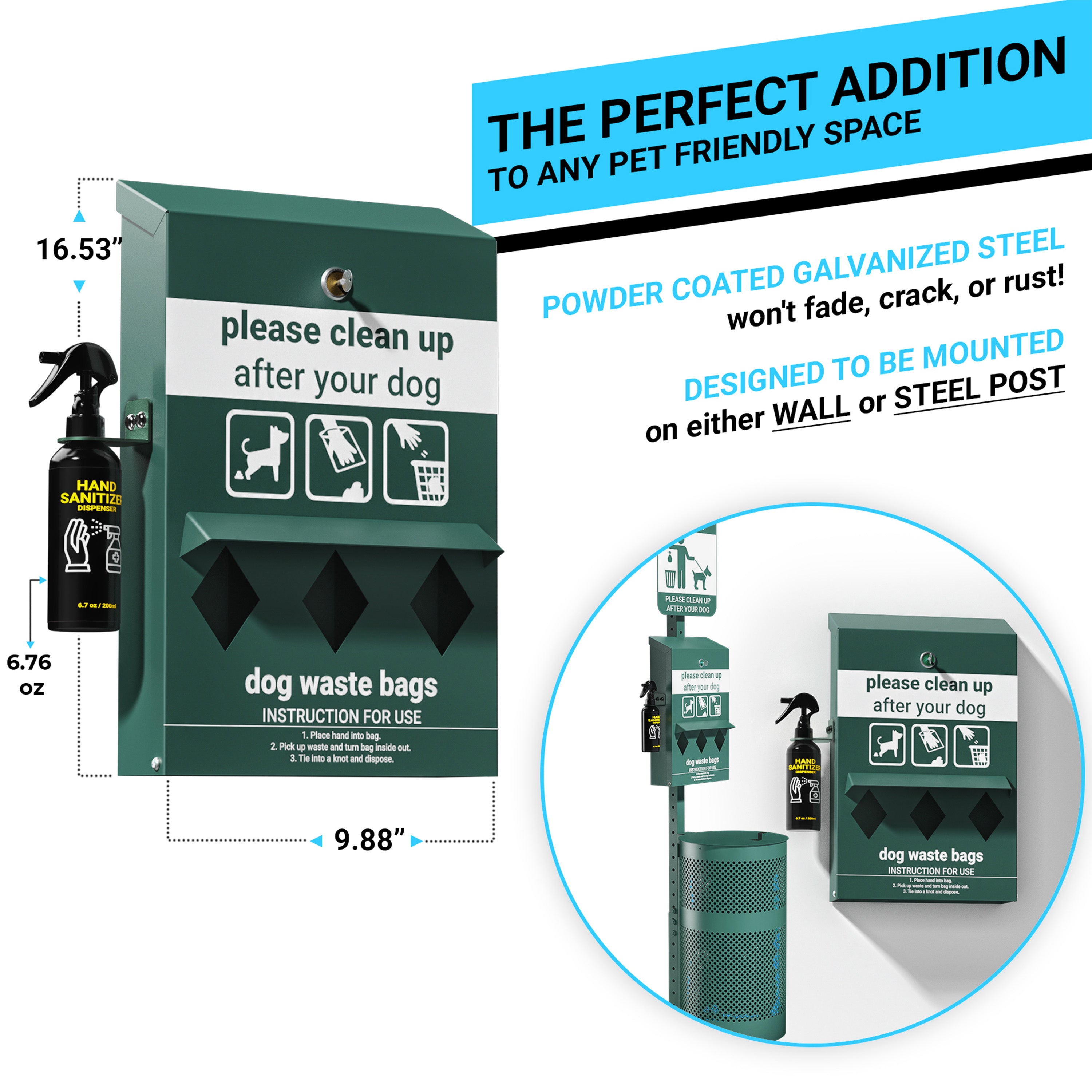 Kessler Locking Dog Waste Bag Dispenser with Glow in the Dark Sign, Hand Sanitizer Bottle and Rain Guard - 600 Roll Bags Included