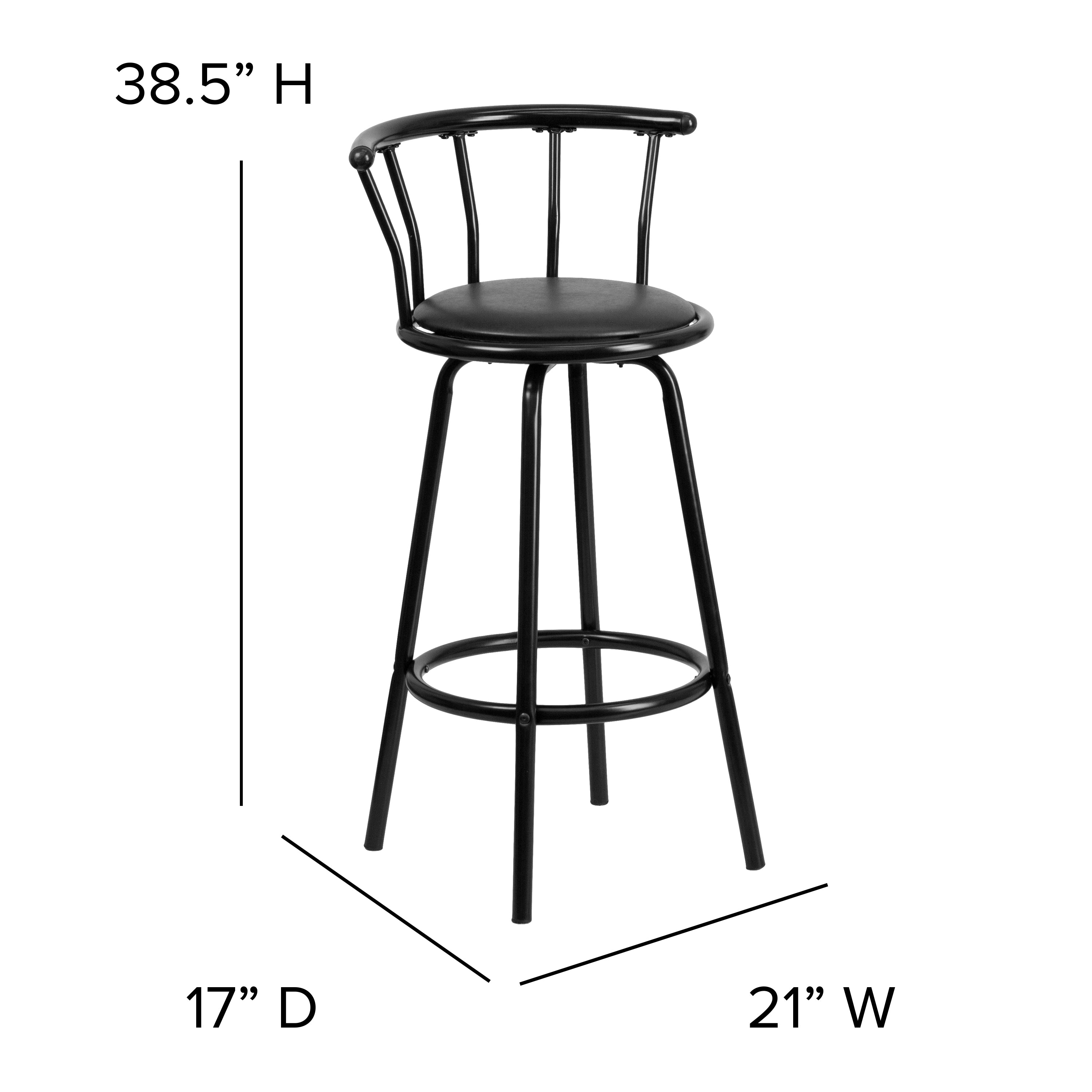 Charla Crown Back Black Metal Barstool with Black Vinyl Swivel Seat
