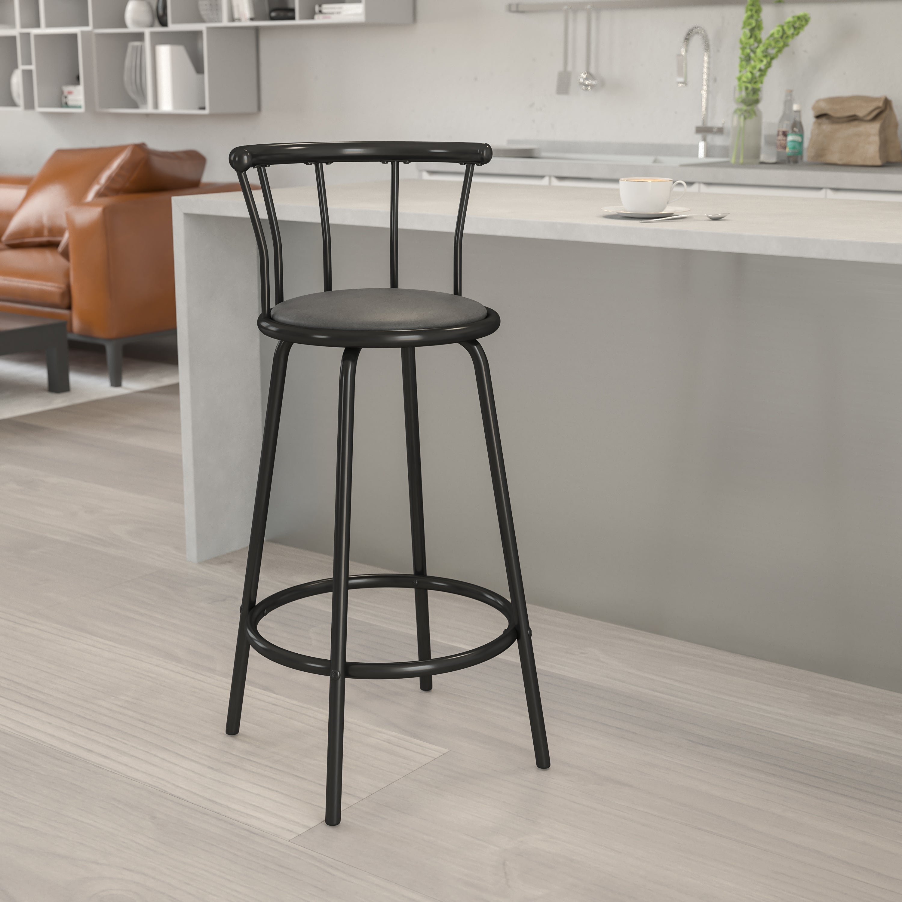 Charla Crown Back Black Metal Barstool with Black Vinyl Swivel Seat