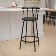 Charla Crown Back Black Metal Barstool with Black Vinyl Swivel Seat