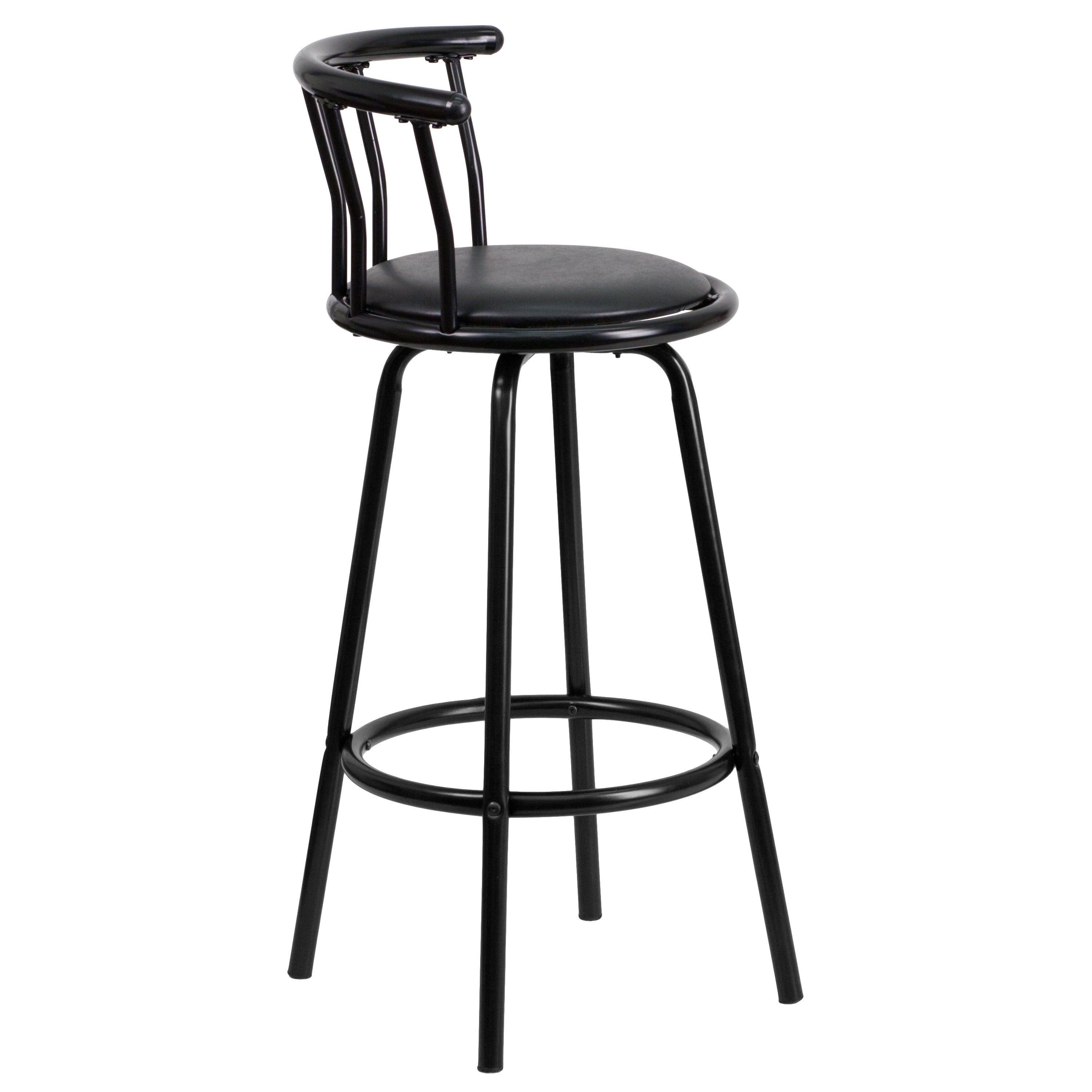 Charla Crown Back Black Metal Barstool with Black Vinyl Swivel Seat