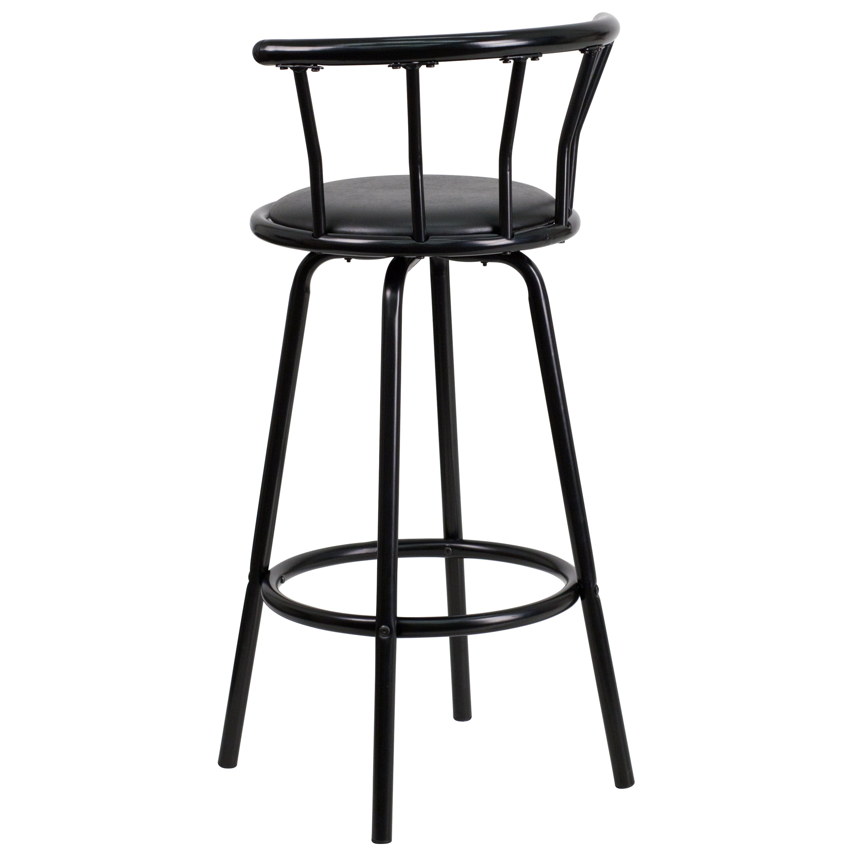 Charla Crown Back Black Metal Barstool with Black Vinyl Swivel Seat