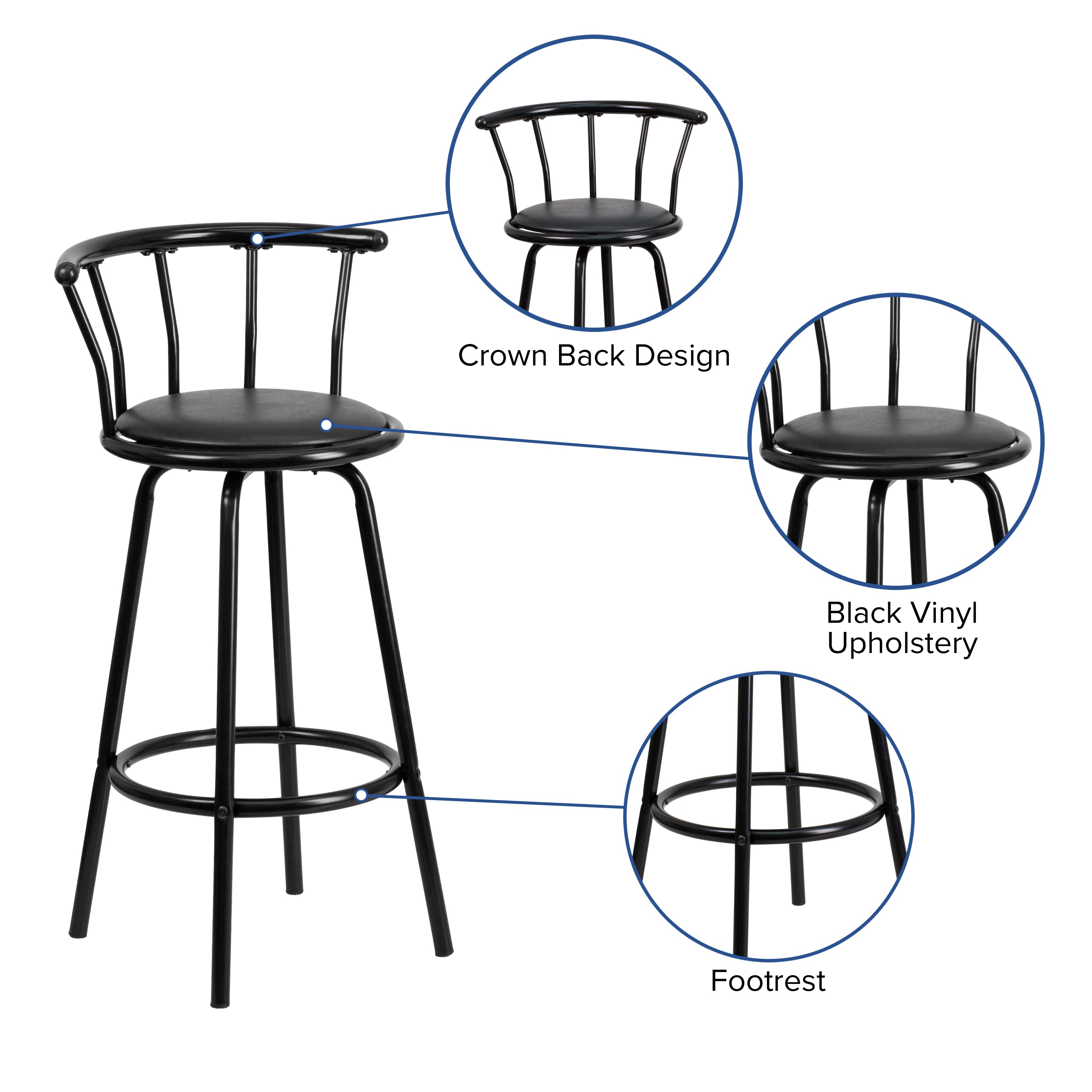 Charla Crown Back Black Metal Barstool with Black Vinyl Swivel Seat