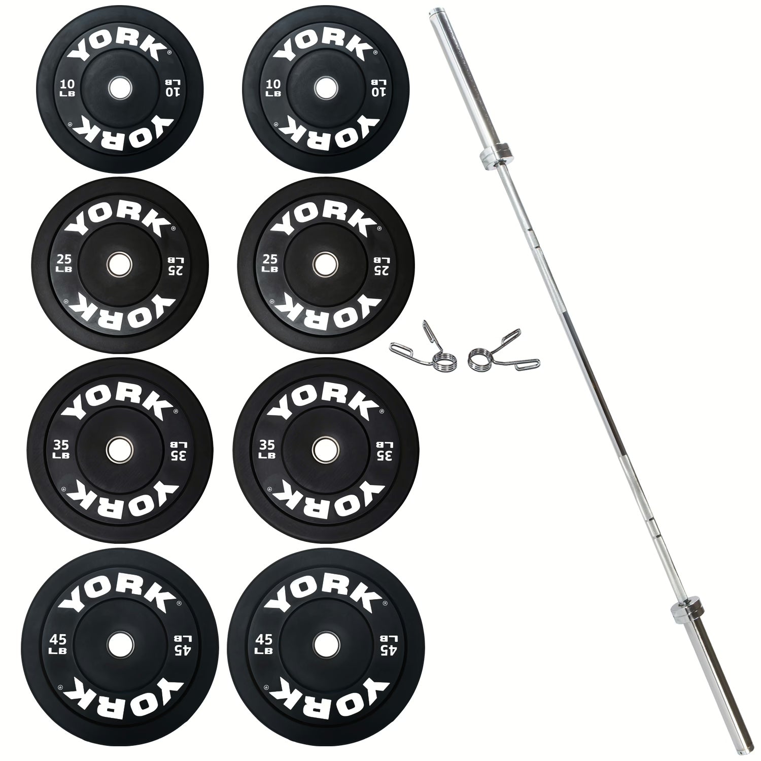 York USA 275 LB Rubber Training Set (2 x 45, 35, 25, 10 LB), 32110, Pair Spring Collars)