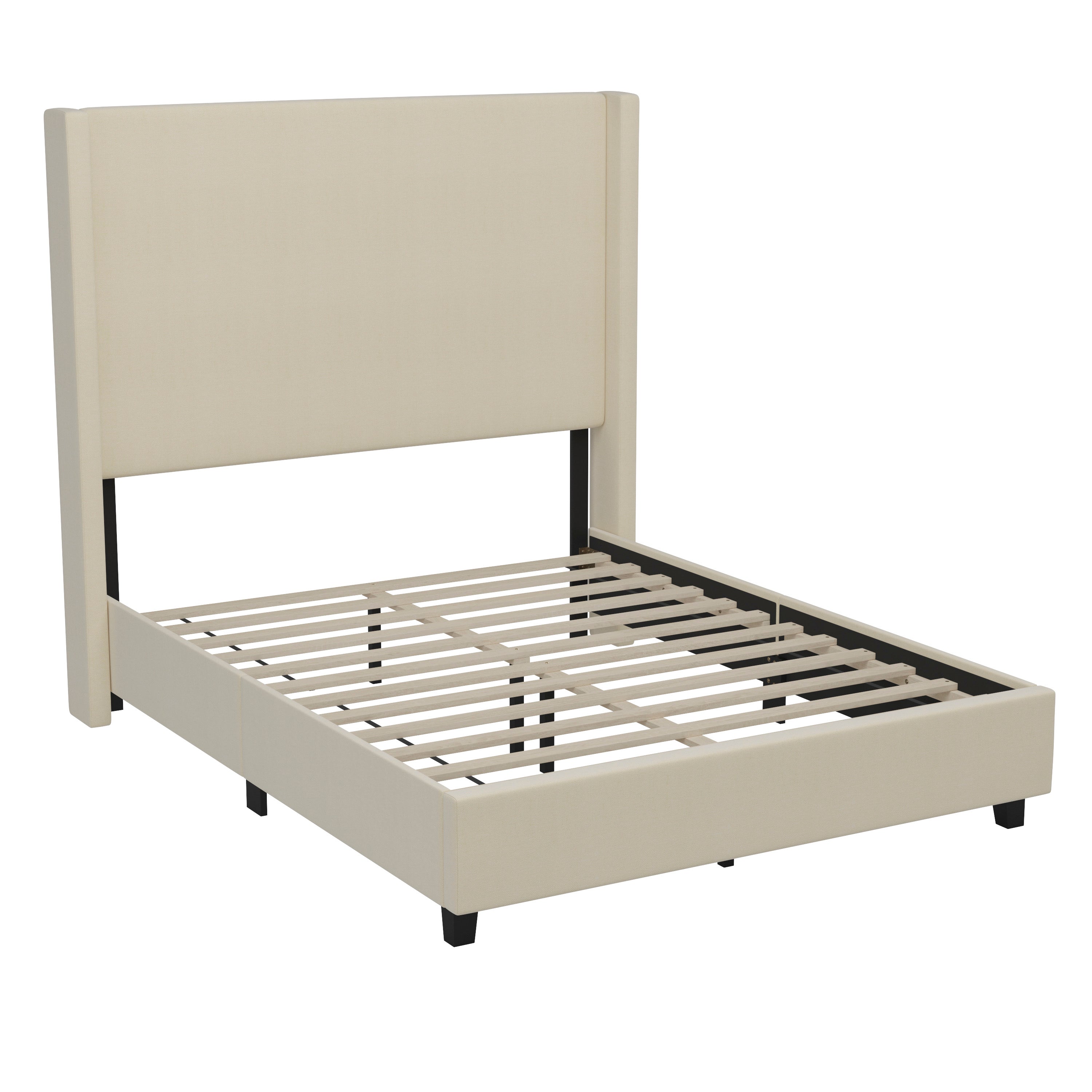 Quinn Full Upholstered Platform Bed with Channel Stitched Wingback Headboard, Mattress Foundation with Slatted Supports, No Box Spring Needed, Beige
