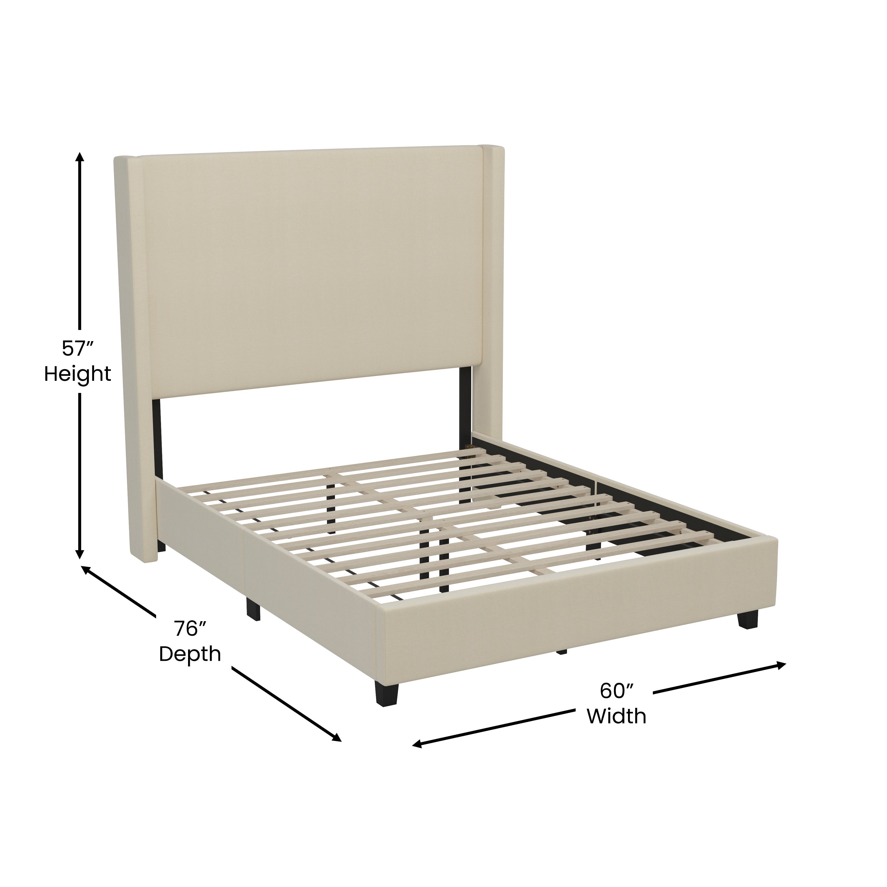 Quinn Full Upholstered Platform Bed with Channel Stitched Wingback Headboard, Mattress Foundation with Slatted Supports, No Box Spring Needed, Beige