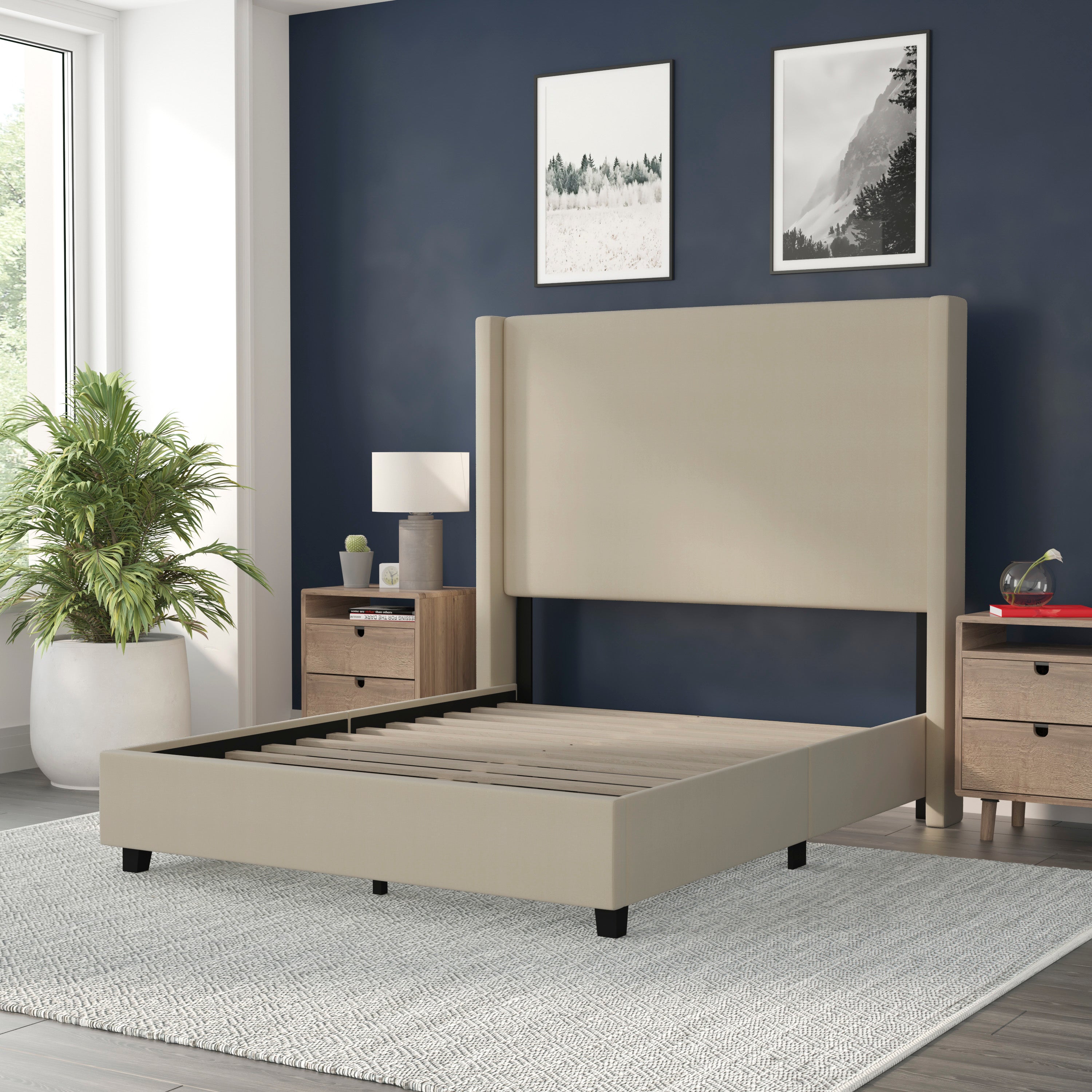 Quinn Full Upholstered Platform Bed with Channel Stitched Wingback Headboard, Mattress Foundation with Slatted Supports, No Box Spring Needed, Beige