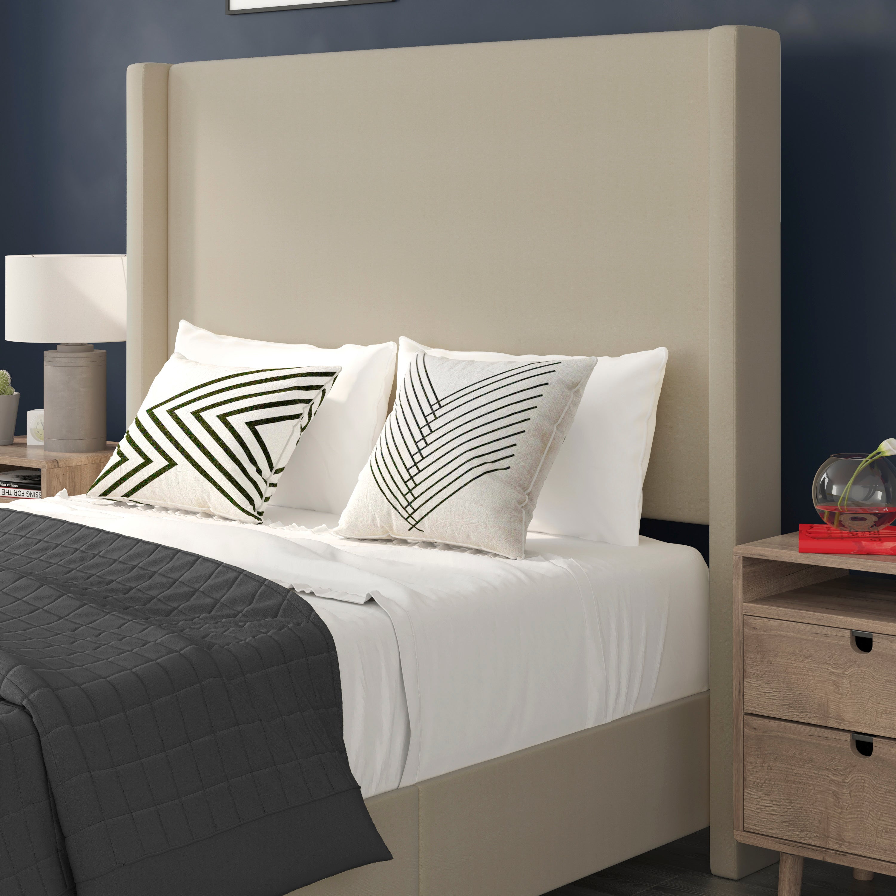 Quinn Full Upholstered Platform Bed with Channel Stitched Wingback Headboard, Mattress Foundation with Slatted Supports, No Box Spring Needed, Beige