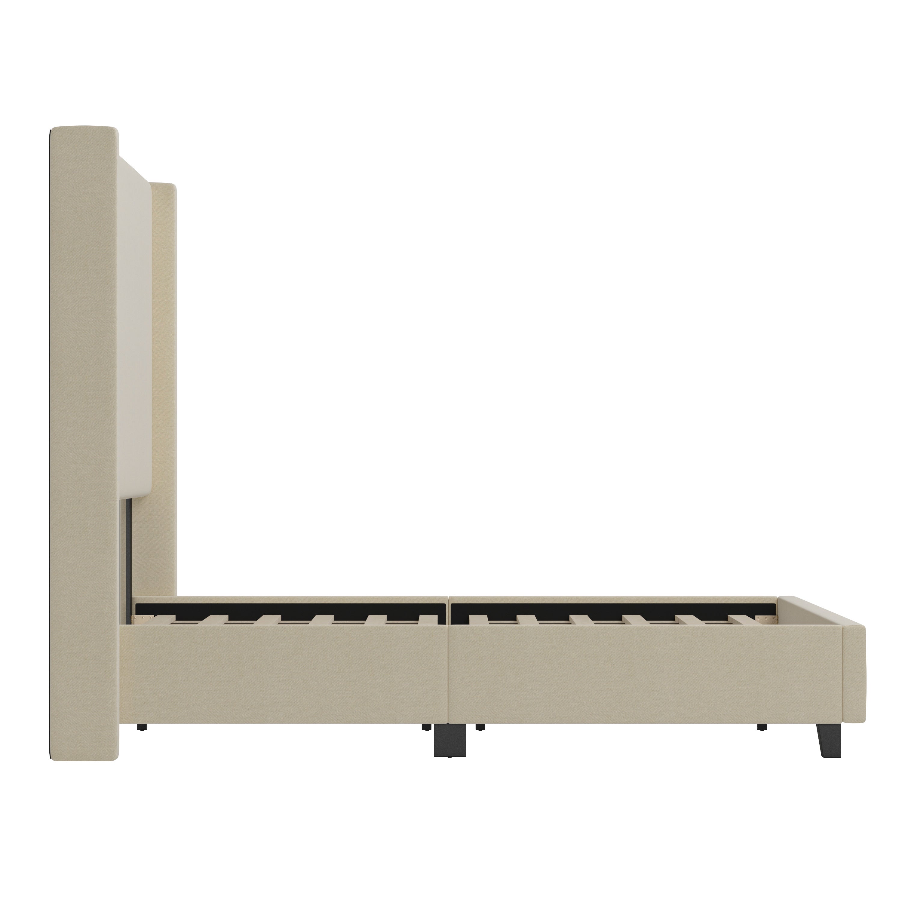 Quinn Full Upholstered Platform Bed with Channel Stitched Wingback Headboard, Mattress Foundation with Slatted Supports, No Box Spring Needed, Beige