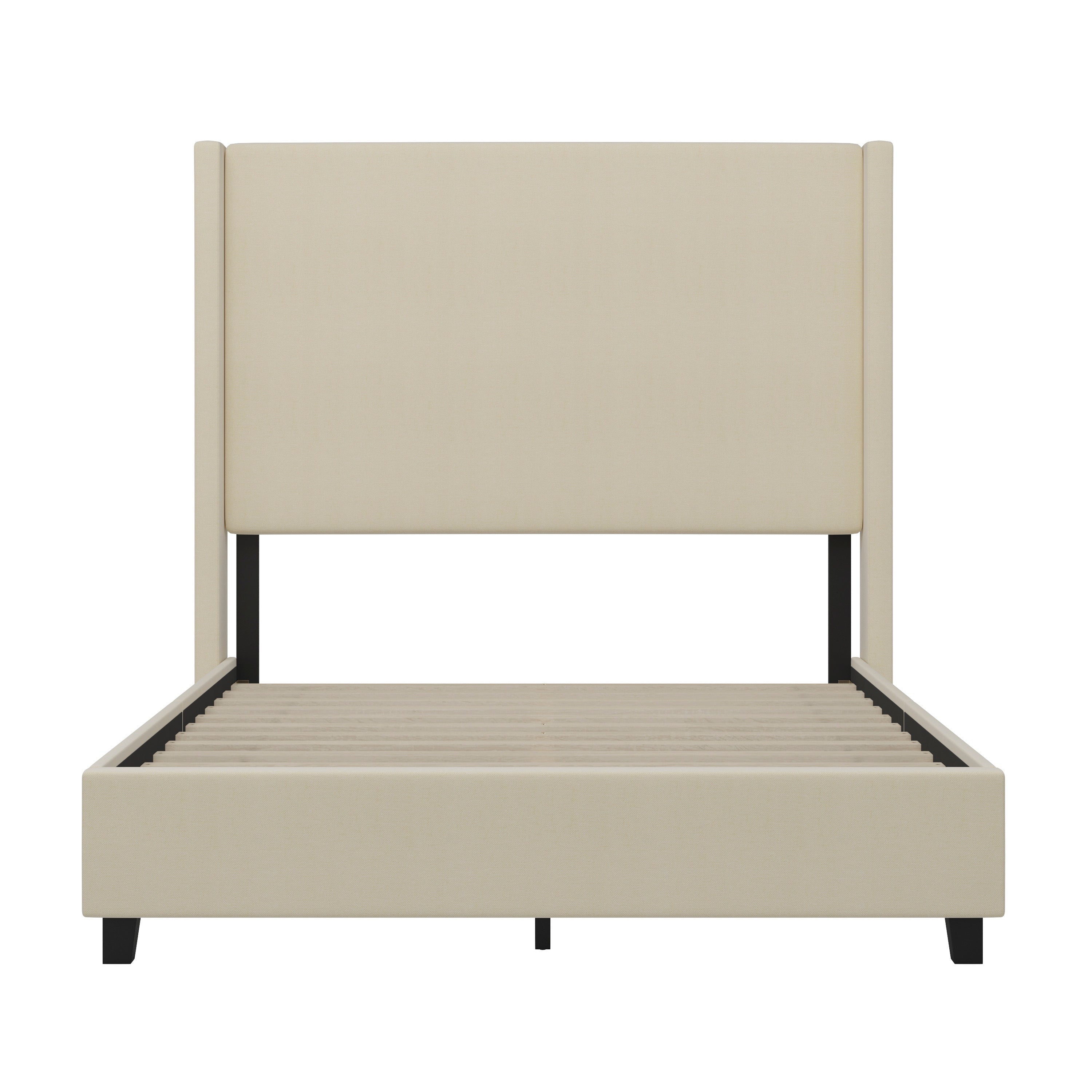 Quinn Full Upholstered Platform Bed with Channel Stitched Wingback Headboard, Mattress Foundation with Slatted Supports, No Box Spring Needed, Beige