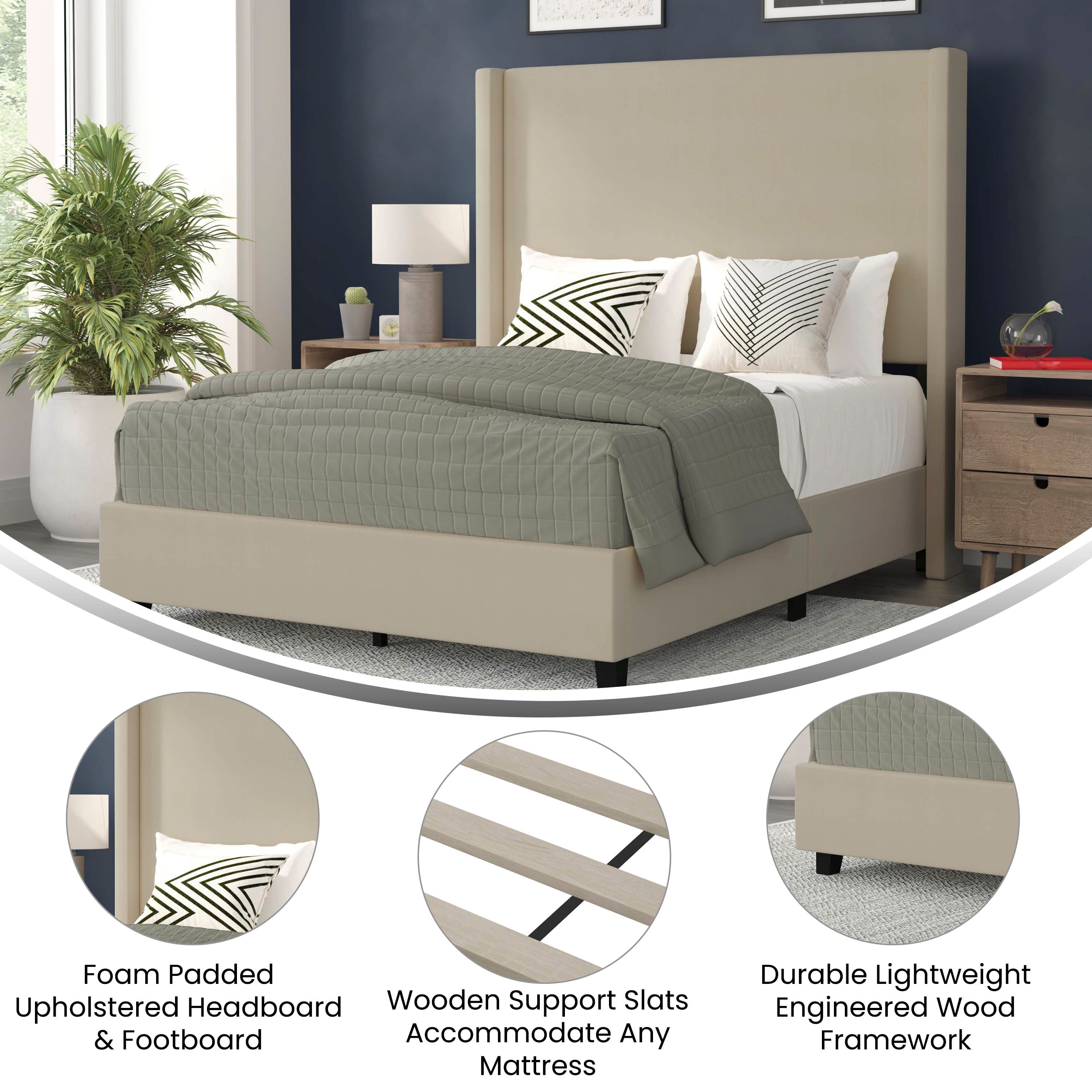 Quinn Full Upholstered Platform Bed with Channel Stitched Wingback Headboard, Mattress Foundation with Slatted Supports, No Box Spring Needed, Beige