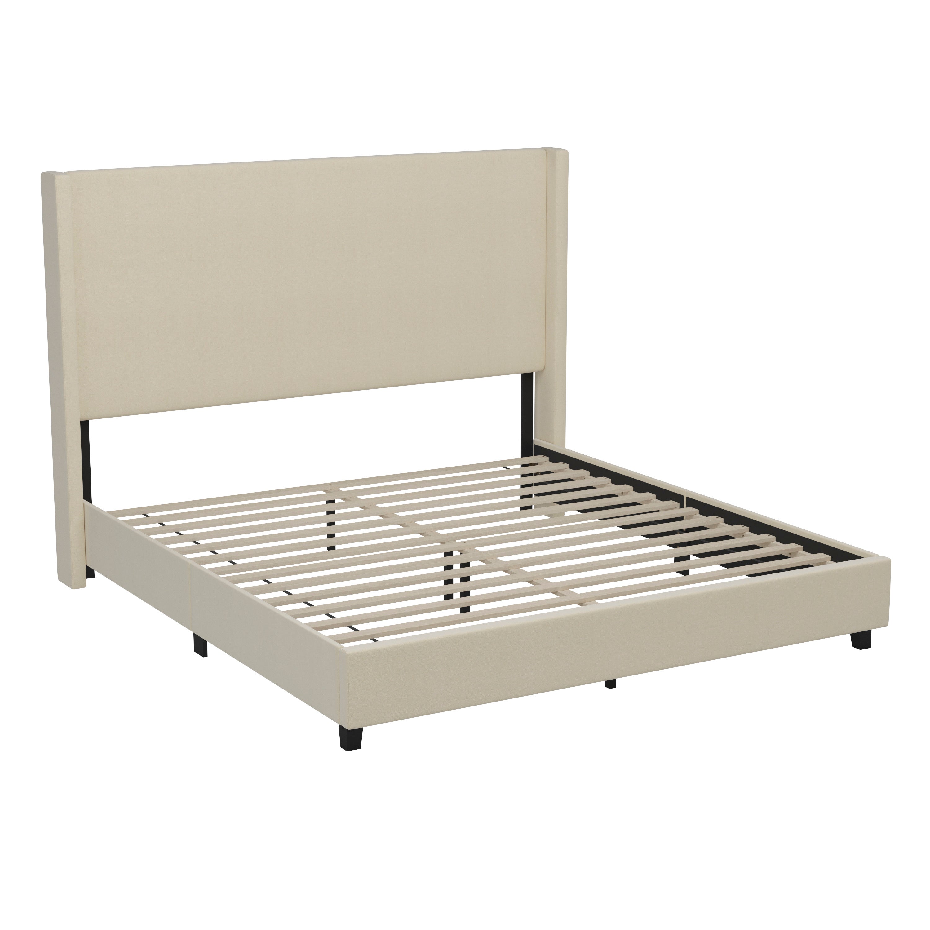 Quinn King Upholstered Platform Bed with Channel Stitched Wingback Headboard, Mattress Foundation with Slatted Supports, No Box Spring Needed, Beige