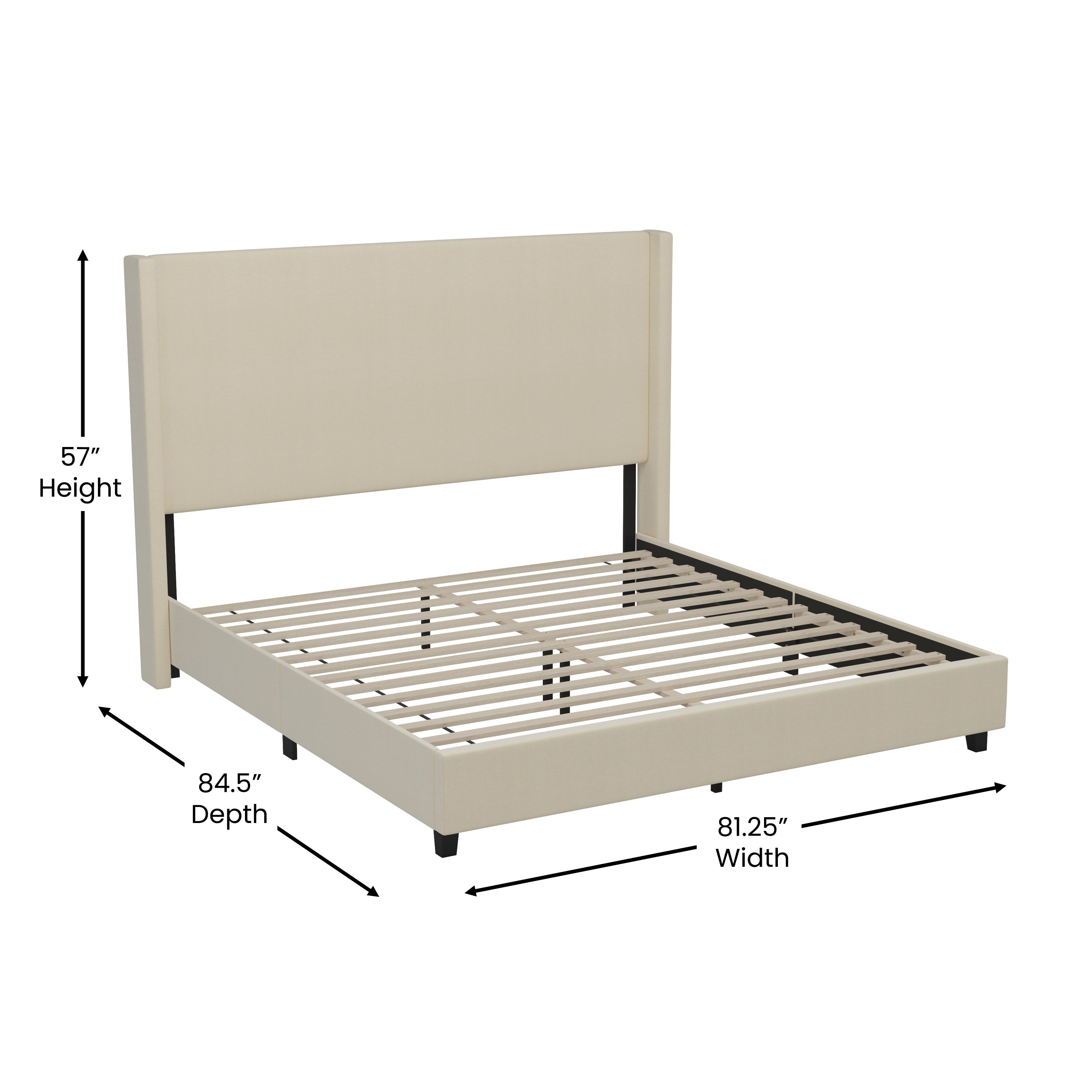 Quinn King Upholstered Platform Bed with Channel Stitched Wingback Headboard, Mattress Foundation with Slatted Supports, No Box Spring Needed, Beige