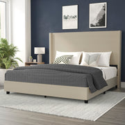 Quinn King Upholstered Platform Bed with Channel Stitched Wingback Headboard, Mattress Foundation with Slatted Supports, No Box Spring Needed, Beige