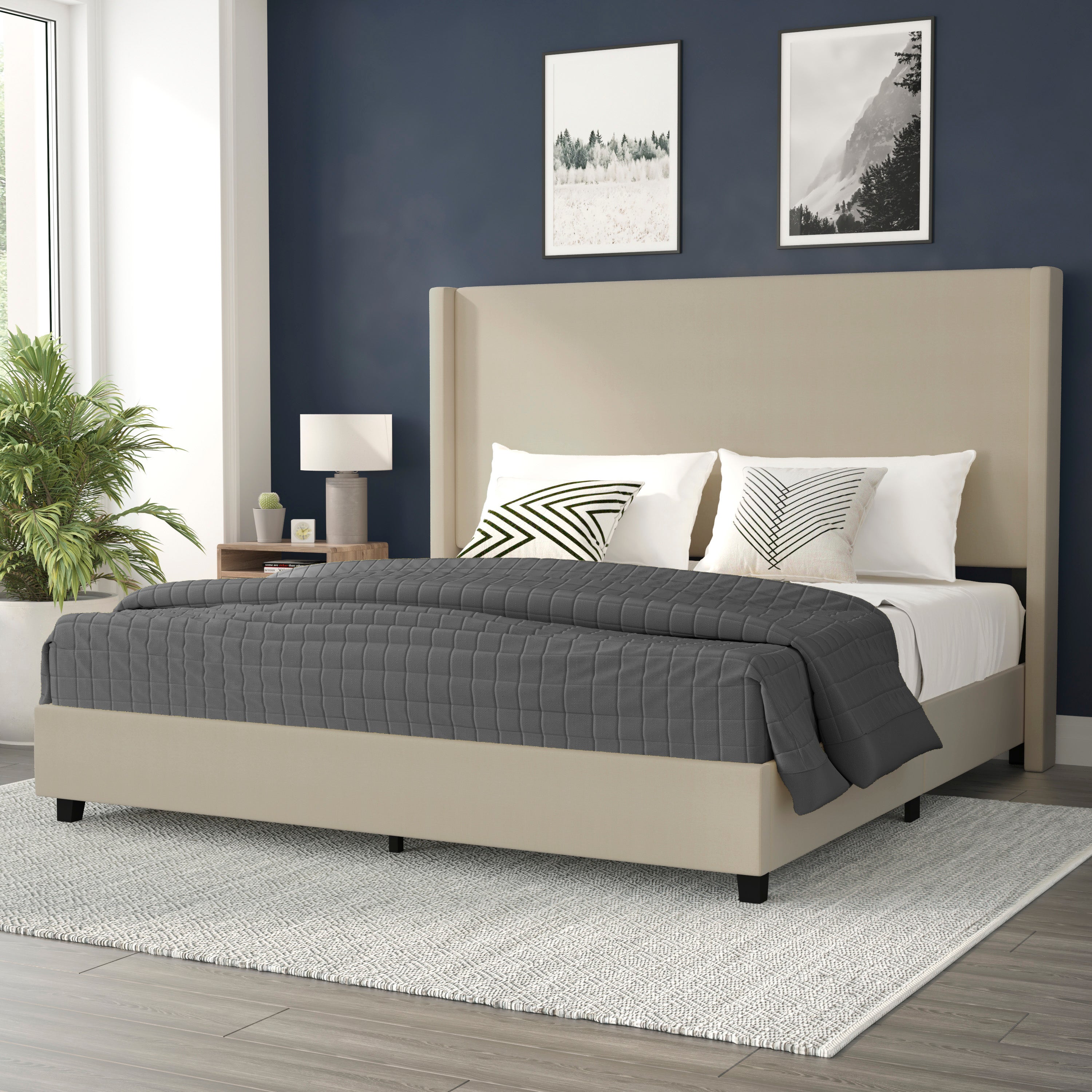 Quinn King Upholstered Platform Bed with Channel Stitched Wingback Headboard, Mattress Foundation with Slatted Supports, No Box Spring Needed, Beige