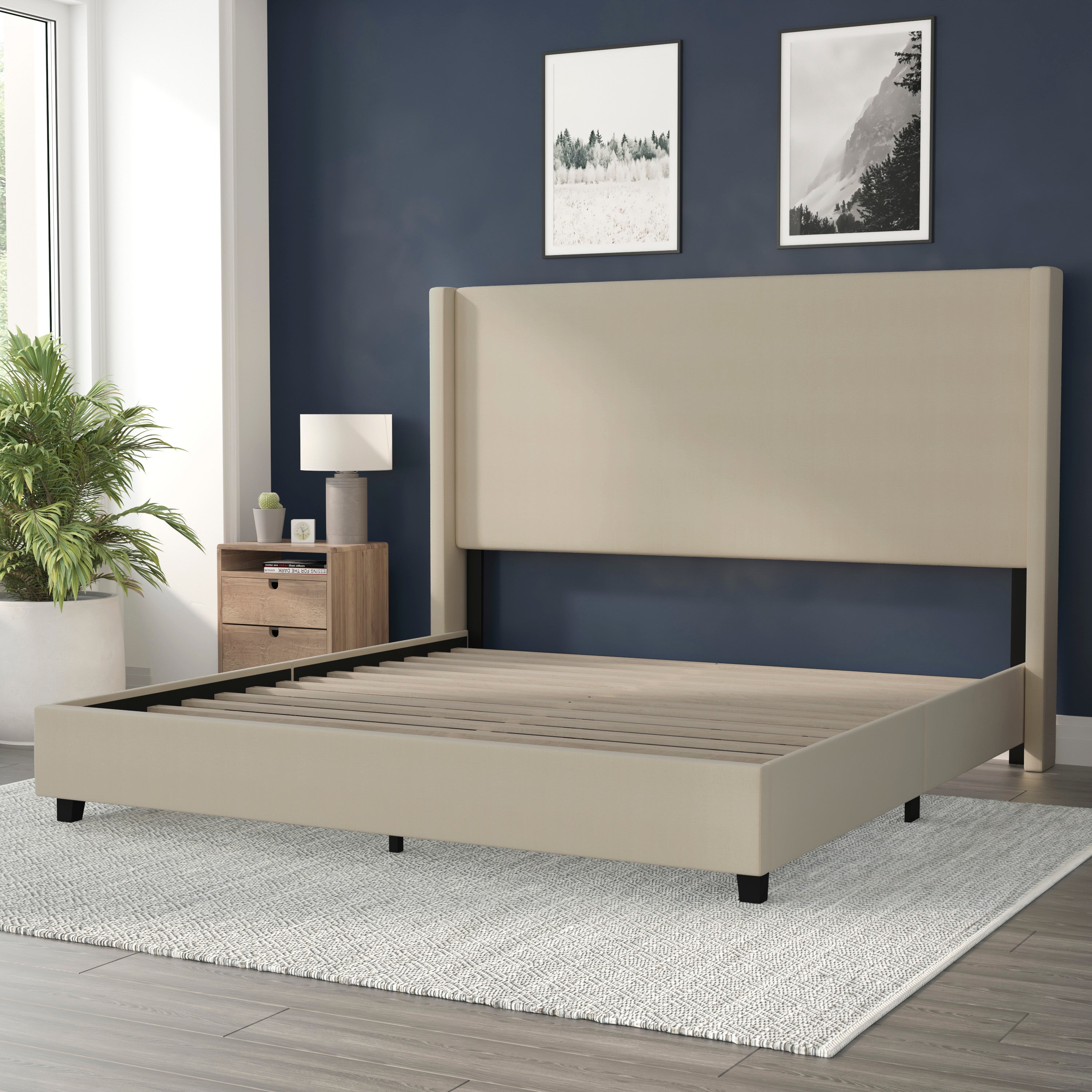 Quinn King Upholstered Platform Bed with Channel Stitched Wingback Headboard, Mattress Foundation with Slatted Supports, No Box Spring Needed, Beige