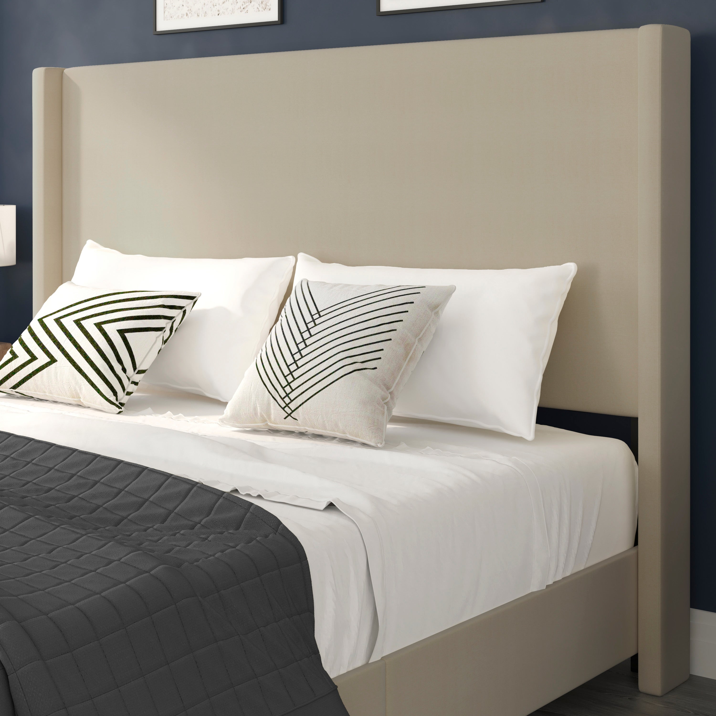 Quinn King Upholstered Platform Bed with Channel Stitched Wingback Headboard, Mattress Foundation with Slatted Supports, No Box Spring Needed, Beige