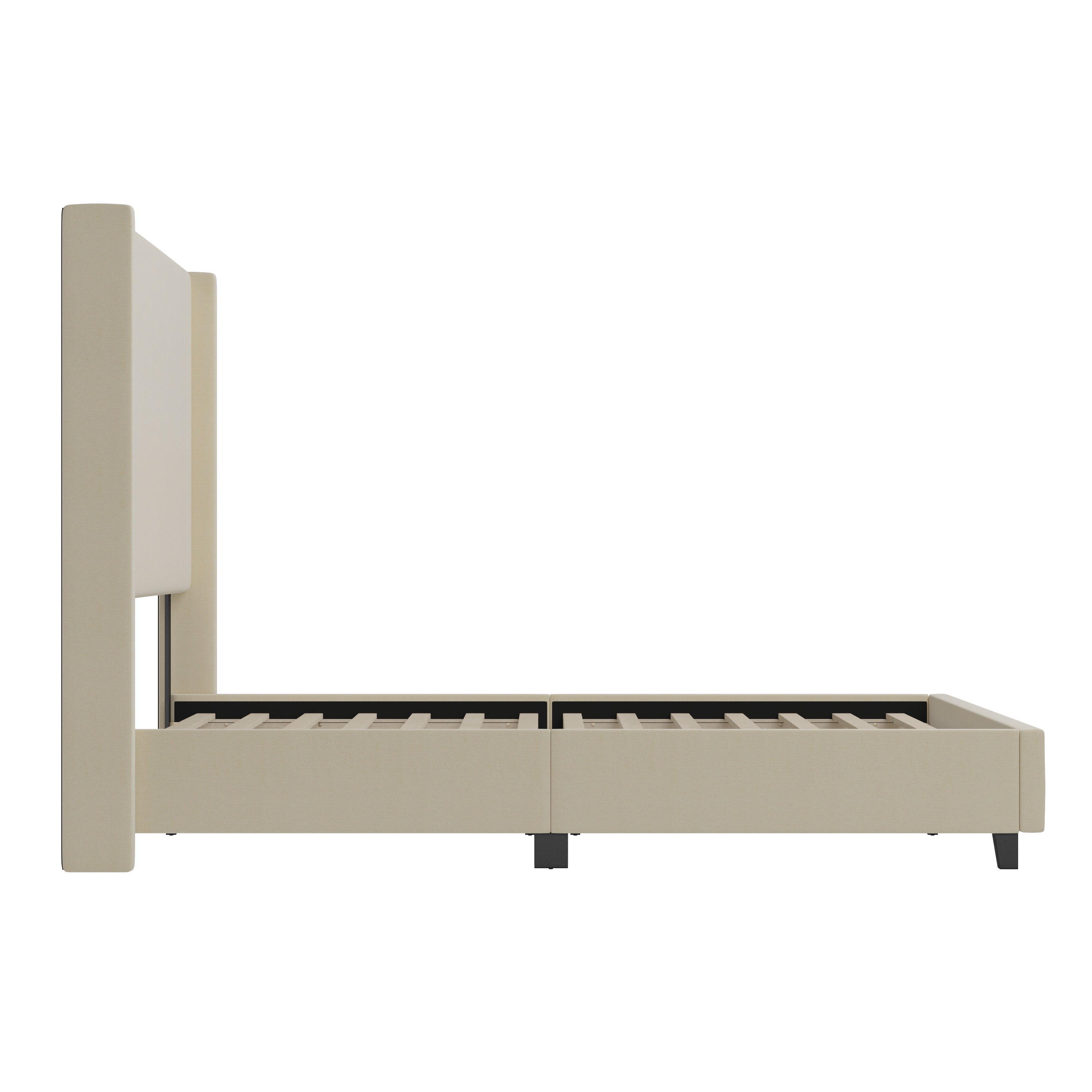 Quinn King Upholstered Platform Bed with Channel Stitched Wingback Headboard, Mattress Foundation with Slatted Supports, No Box Spring Needed, Beige