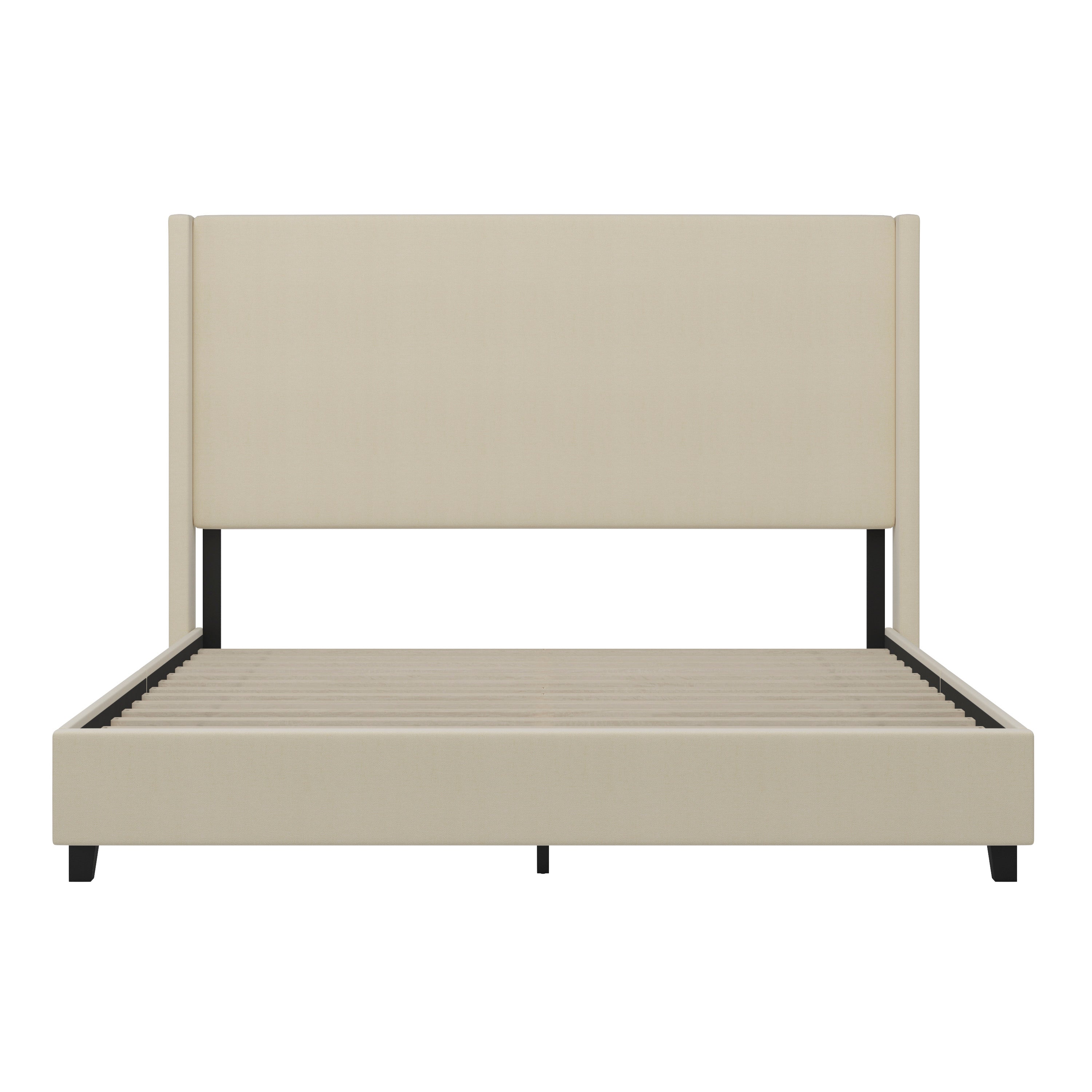 Quinn King Upholstered Platform Bed with Channel Stitched Wingback Headboard, Mattress Foundation with Slatted Supports, No Box Spring Needed, Beige