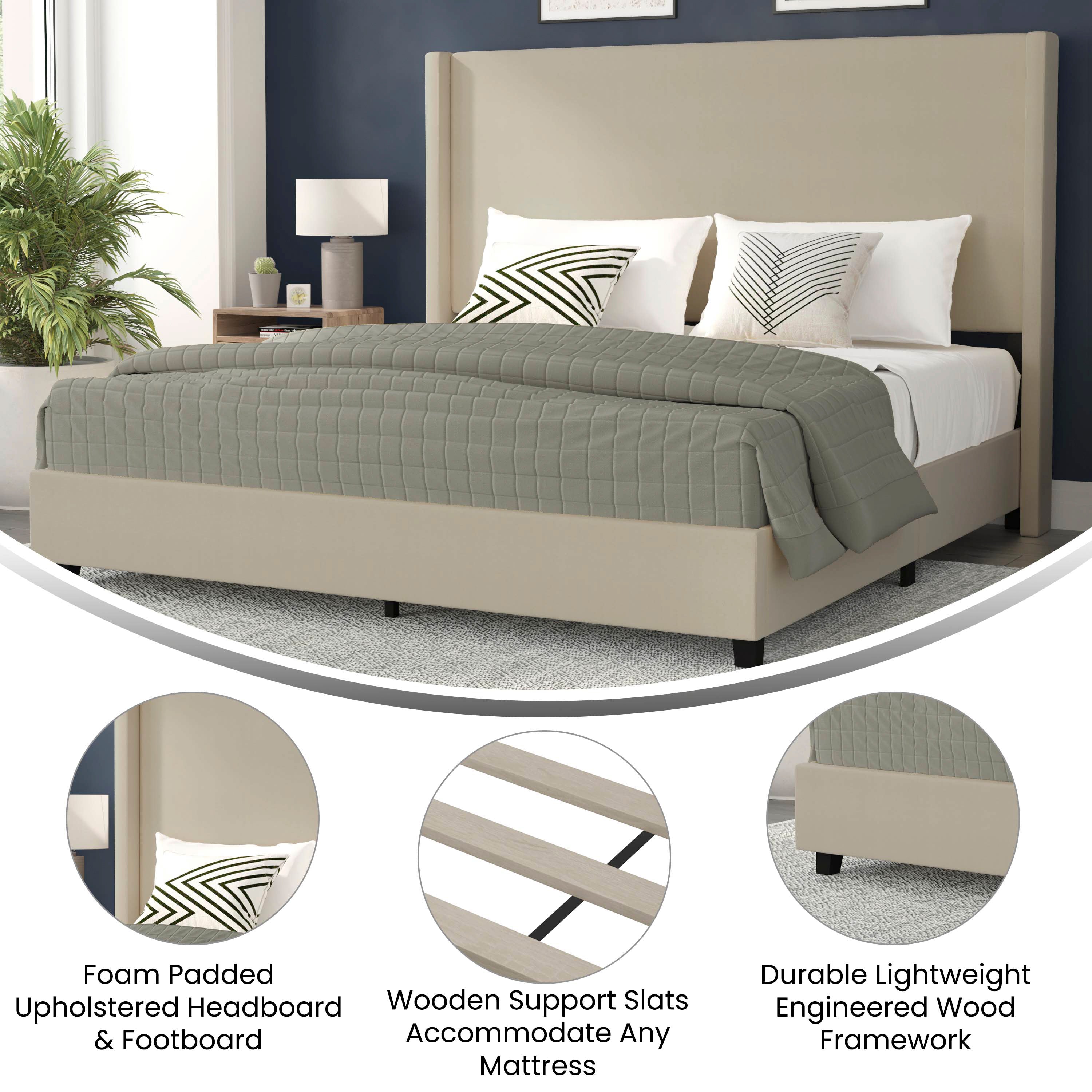 Quinn King Upholstered Platform Bed with Channel Stitched Wingback Headboard, Mattress Foundation with Slatted Supports, No Box Spring Needed, Beige