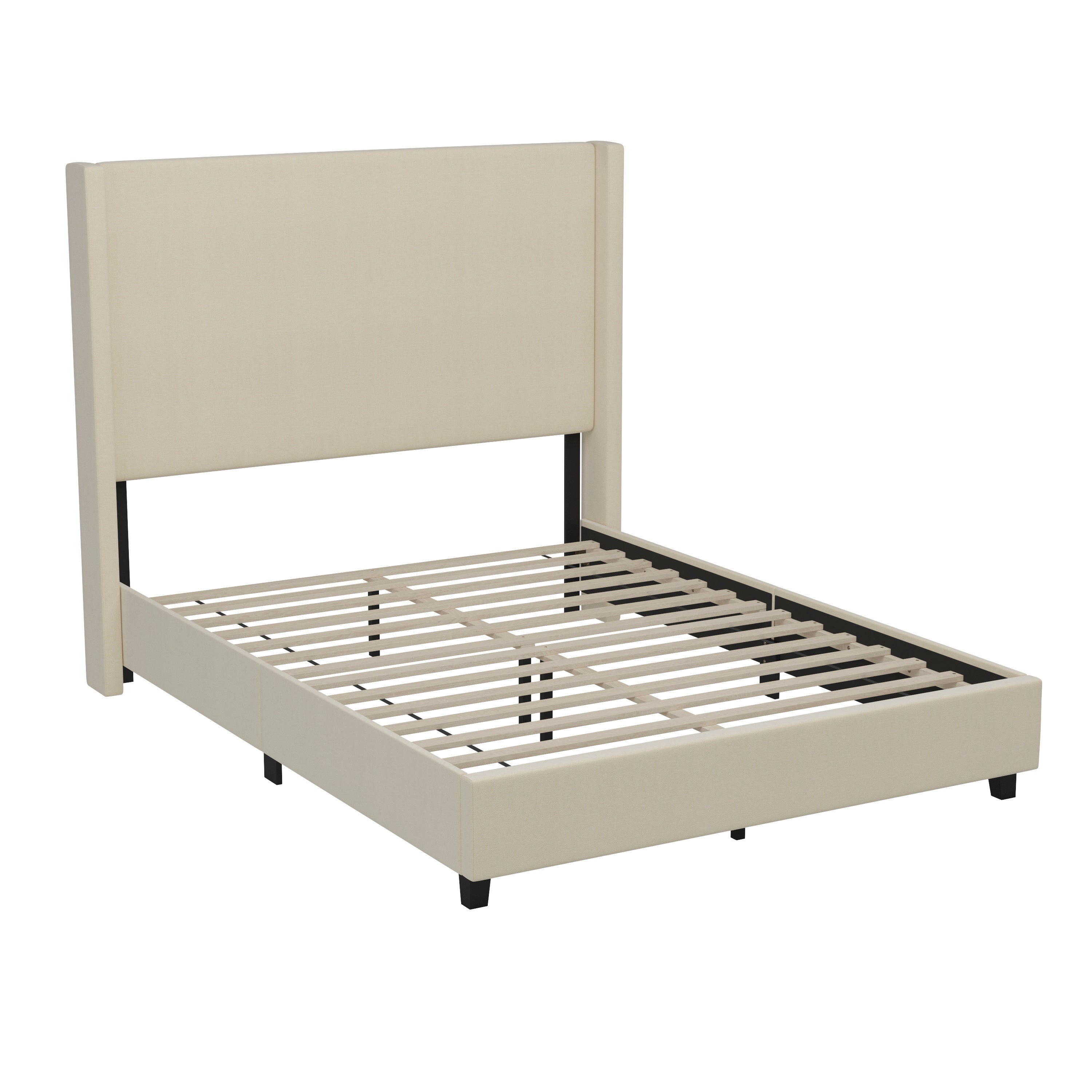Quinn Queen Upholstered Platform Bed with Channel Stitched Wingback Headboard, Mattress Foundation with Slatted Supports, No Box Spring Needed, Beige