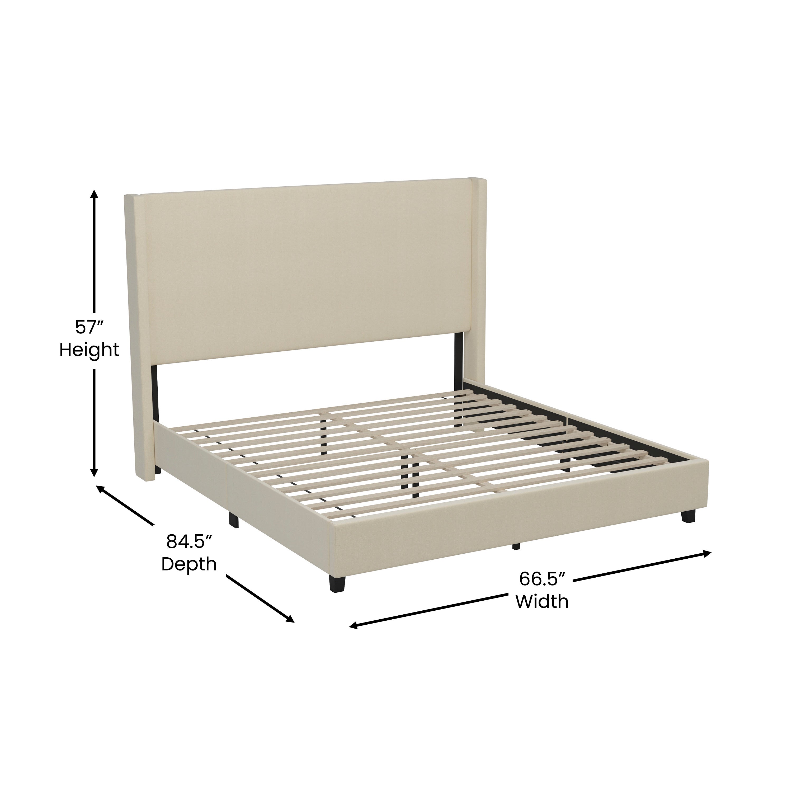 Quinn Queen Upholstered Platform Bed with Channel Stitched Wingback Headboard, Mattress Foundation with Slatted Supports, No Box Spring Needed, Beige