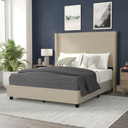 Quinn Queen Upholstered Platform Bed with Channel Stitched Wingback Headboard, Mattress Foundation with Slatted Supports, No Box Spring Needed, Beige