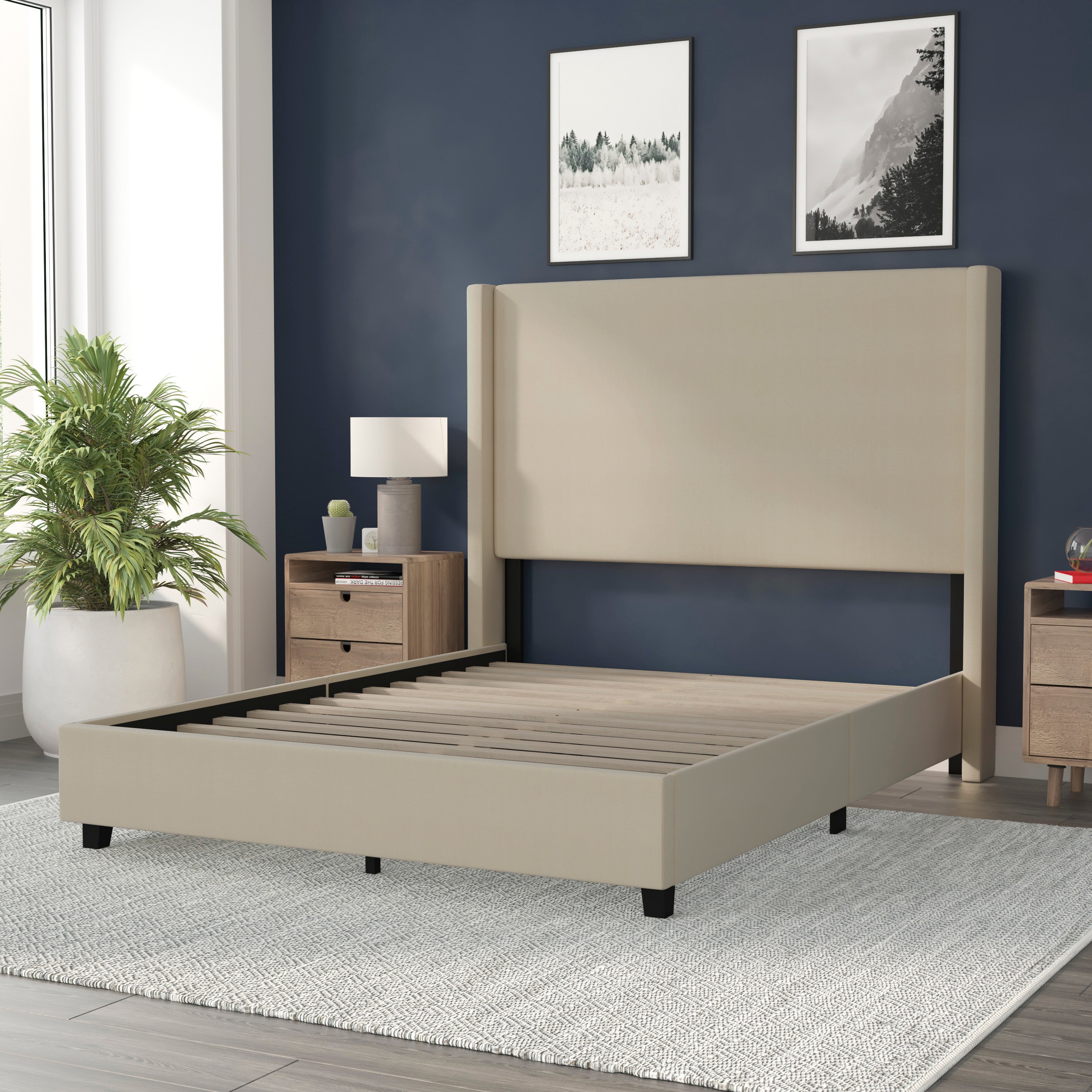 Quinn Queen Upholstered Platform Bed with Channel Stitched Wingback Headboard, Mattress Foundation with Slatted Supports, No Box Spring Needed, Beige