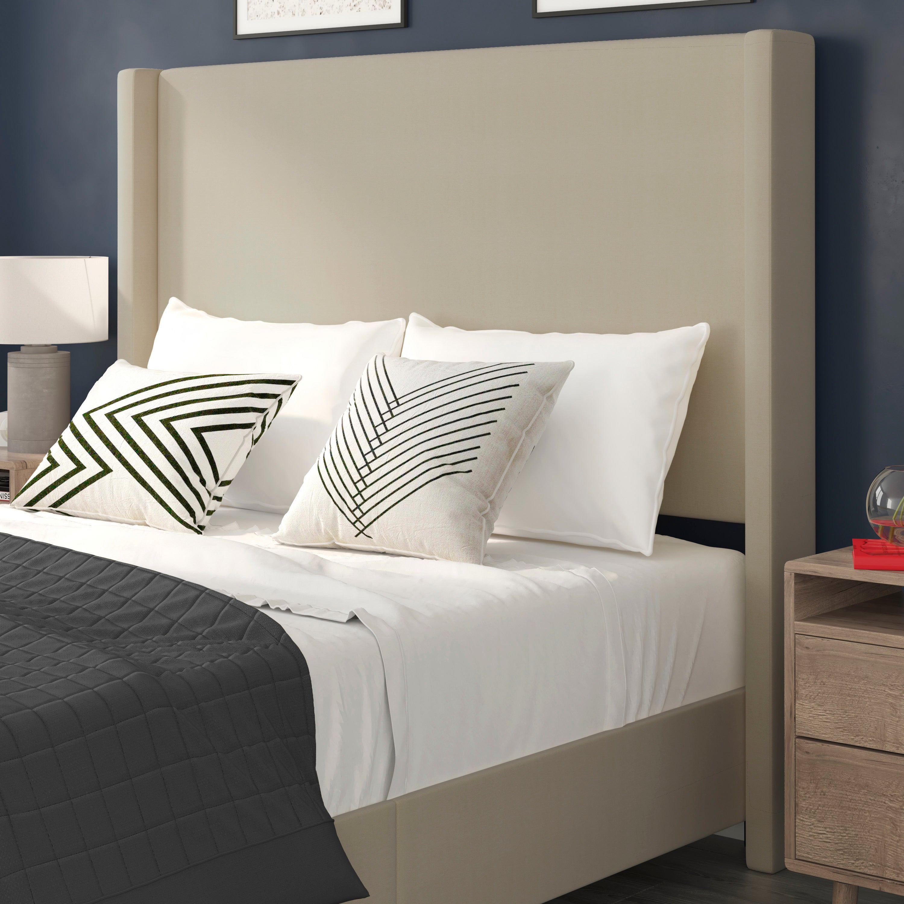 Quinn Queen Upholstered Platform Bed with Channel Stitched Wingback Headboard, Mattress Foundation with Slatted Supports, No Box Spring Needed, Beige