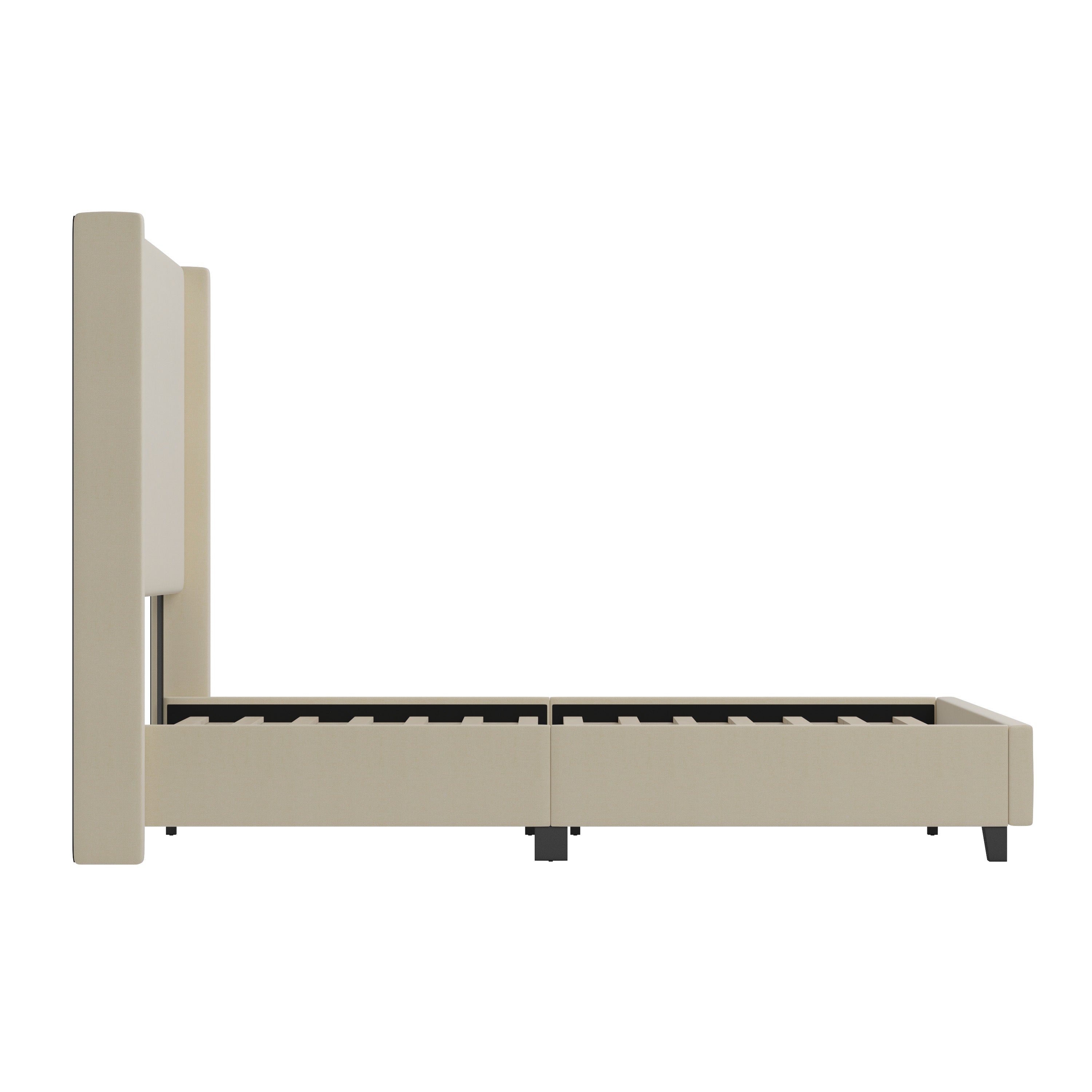 Quinn Queen Upholstered Platform Bed with Channel Stitched Wingback Headboard, Mattress Foundation with Slatted Supports, No Box Spring Needed, Beige