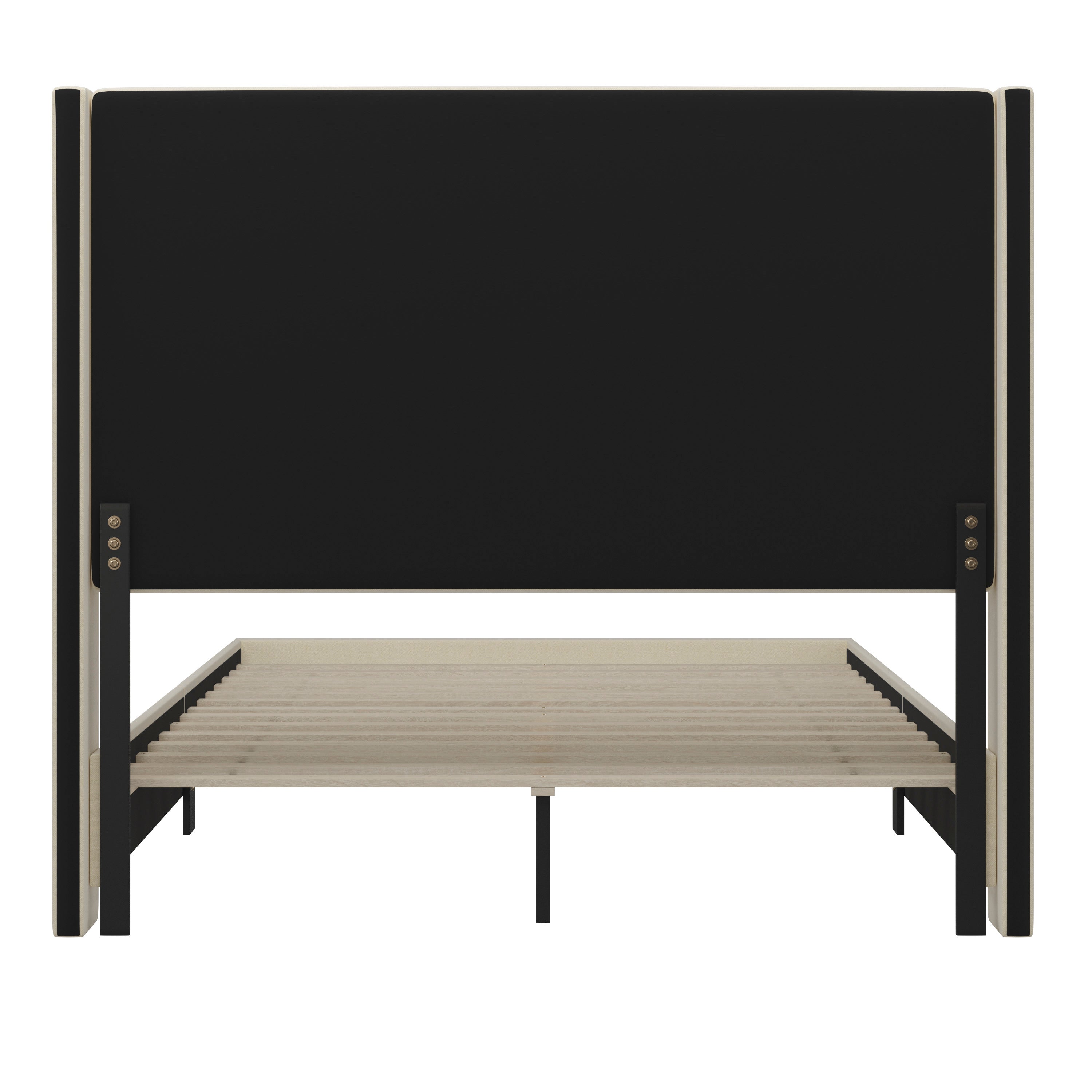 Quinn Queen Upholstered Platform Bed with Channel Stitched Wingback Headboard, Mattress Foundation with Slatted Supports, No Box Spring Needed, Beige