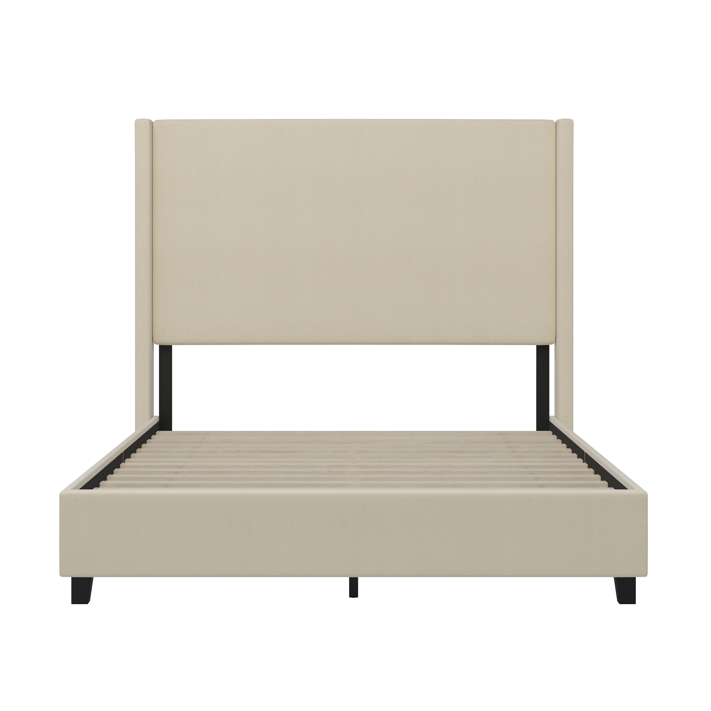 Quinn Queen Upholstered Platform Bed with Channel Stitched Wingback Headboard, Mattress Foundation with Slatted Supports, No Box Spring Needed, Beige
