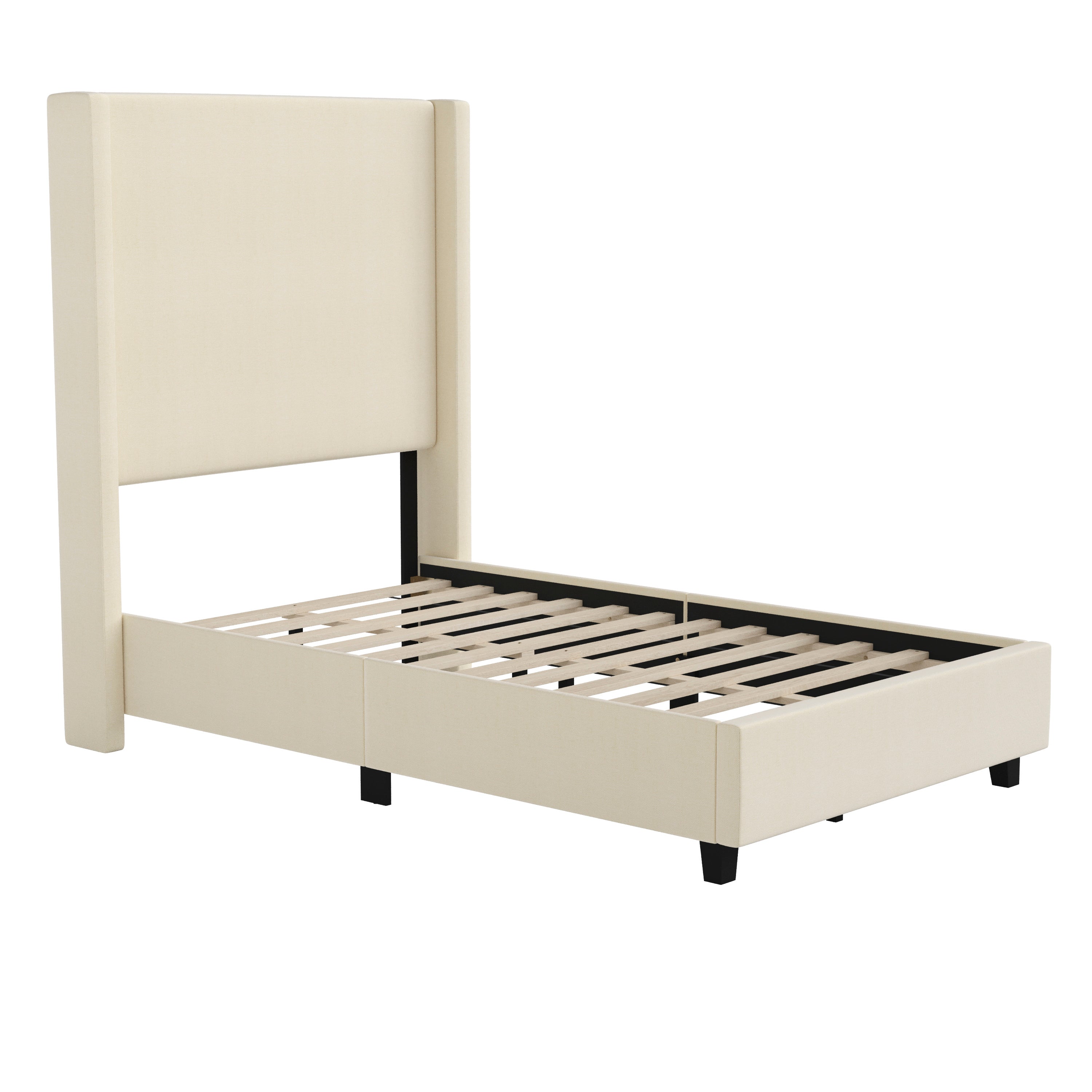 Quinn Twin Upholstered Platform Bed with Channel Stitched Wingback Headboard, Mattress Foundation with Slatted Supports, No Box Spring Needed, Beige